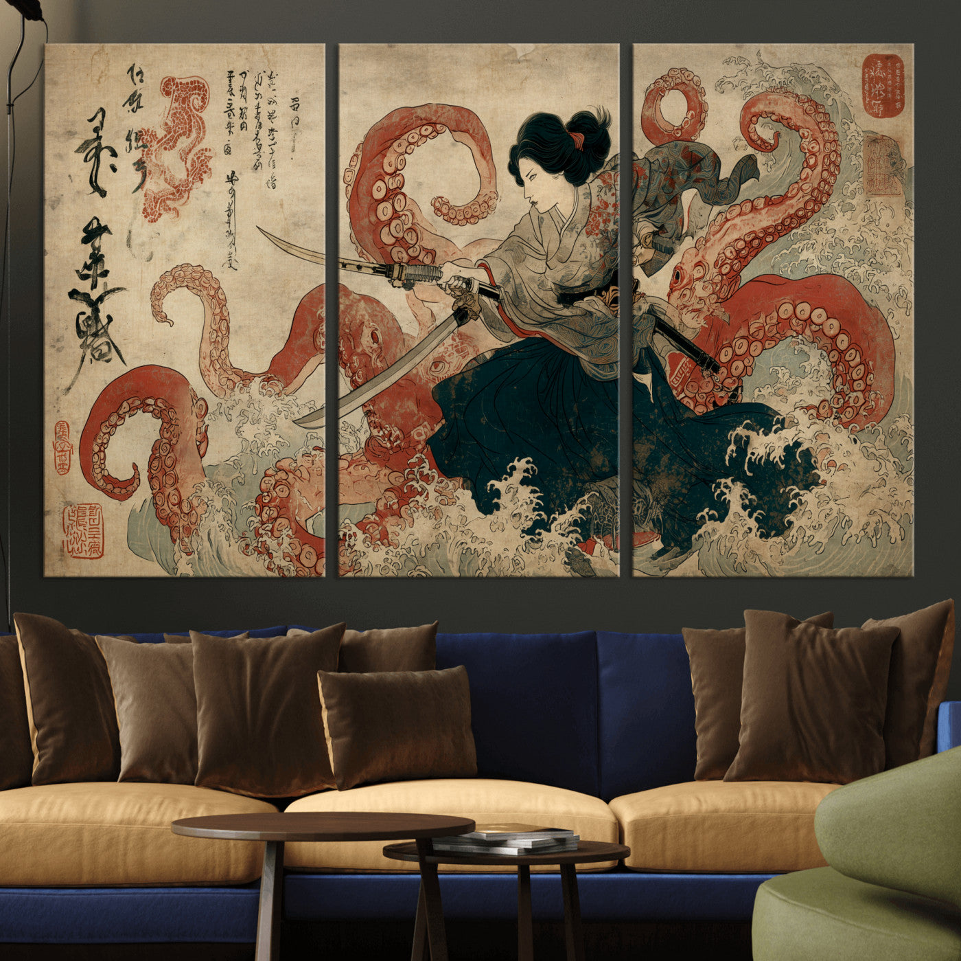 50812504-MGV-CV-36X24-Samurai Woman vs Octopus Wall Art – Japanese Ukiyo-e Red Tentacle Canvas Print, Ocean Battle Artwork for Living Room, Office, Man