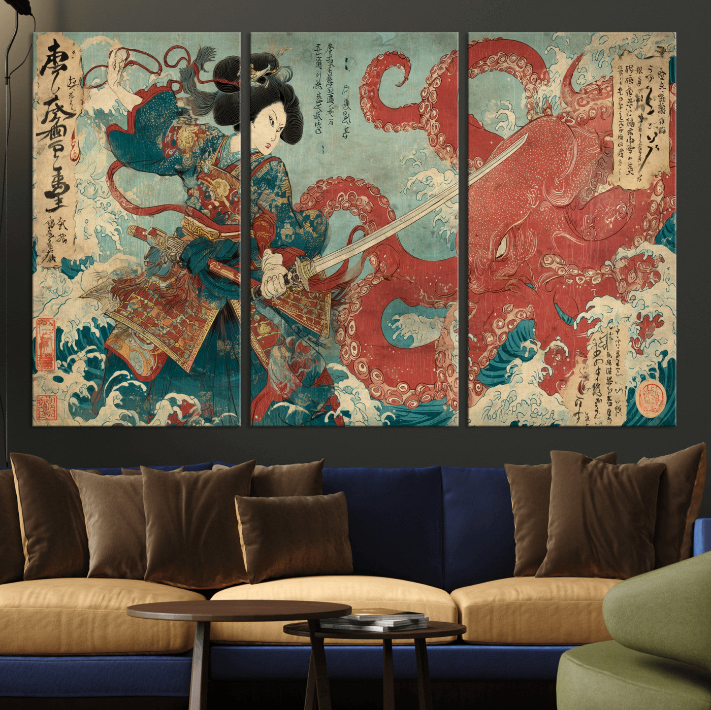68844327-MGV-CV-36X24-Tsukioka Yoshitoshi Samurai Wall Art Print, Japanese Katana Warrior Canvas Wall Art, Octopus Sea Monster Canvas Print,
