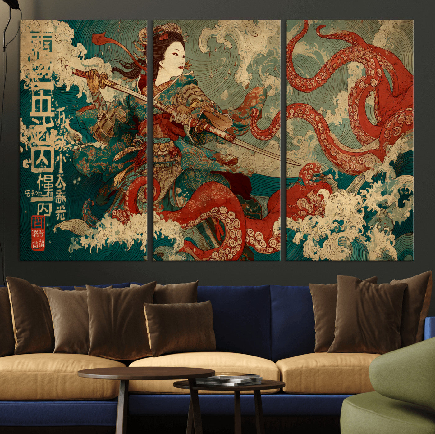 60201267-MGV-CV-48X32-3P-Samurai Woman vs Octopus Wall Art – Japanese Ukiyo-e Armor Canvas Print, Red Tentacle Ocean Battle Artwork for Living Room,