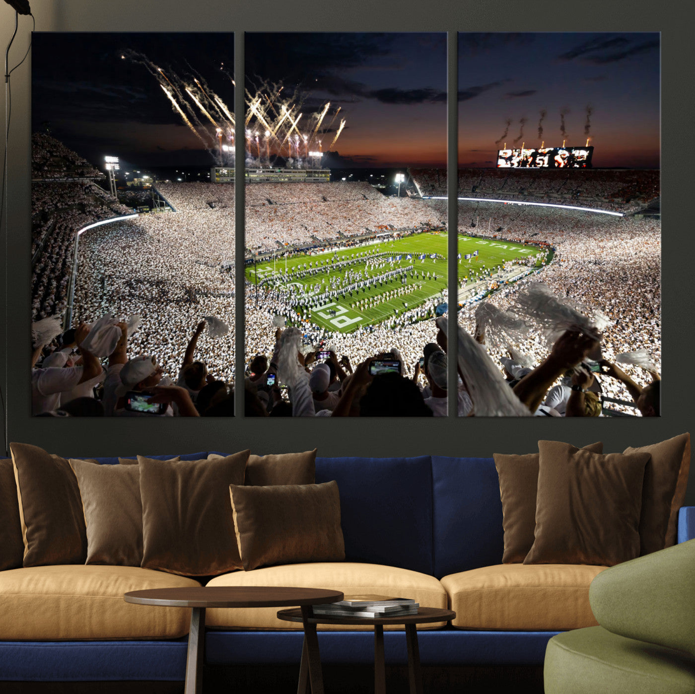 Penn-MGV-CV-36X24-Football Stadium Wall Art – Panoramic Night Game Canvas Print, Packed Crowd with Fireworks, Sports Decor for Office, Man Cave, Bar
