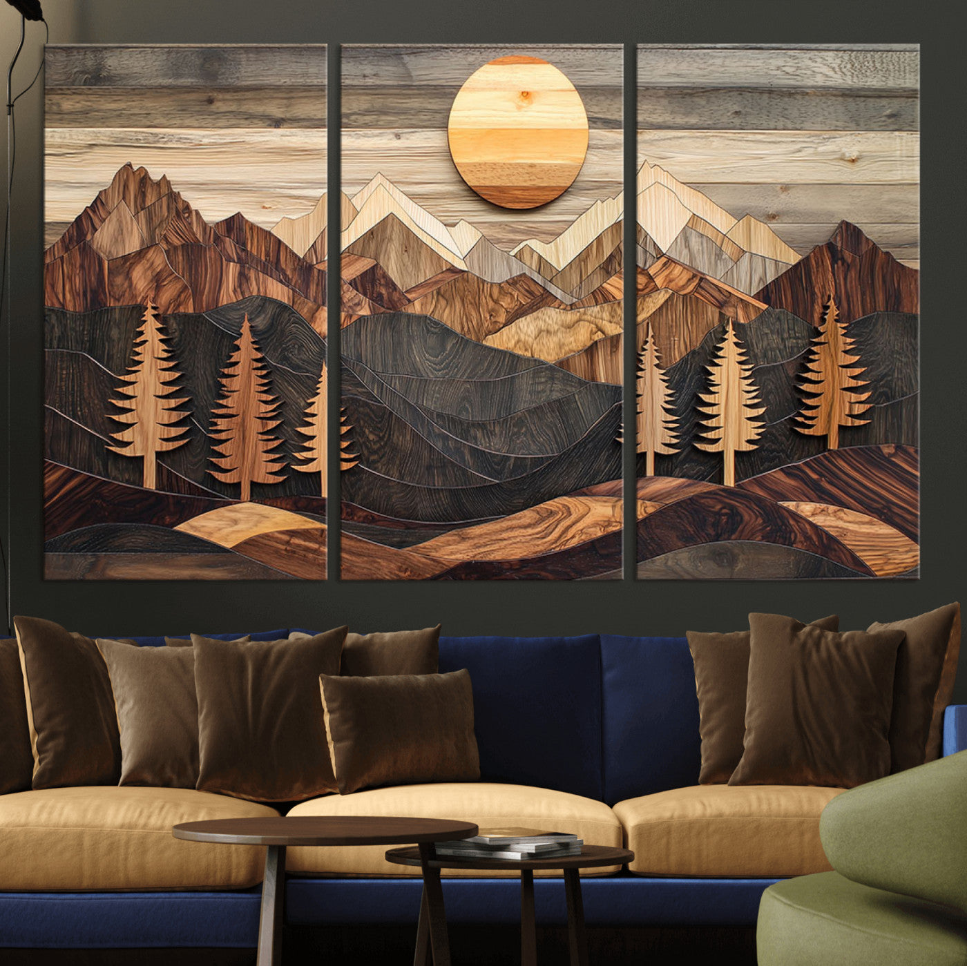 90044381-MGV-CV-48X32-3P-Rustic Wall Art – Wooden Mountain Landscape with Sun and Pine Trees, Handcrafted Nature Canvas Style Decor for Bedroom, Living