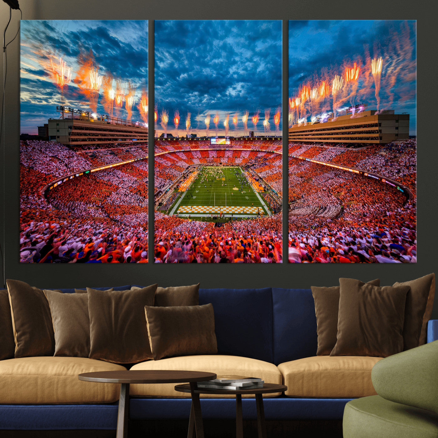 94266219-MGV-CV-36X24-Neyland Stadium Wall Art – Panoramic Tennessee Volunteers Checkerboard Crowd Fireworks Canvas Print, Football Game Day Sports