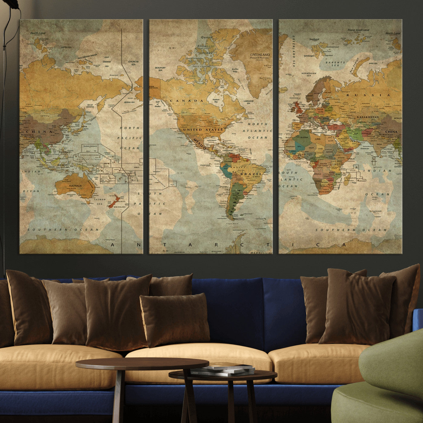 MGV-CV-48X32-3P - Vintage World Map Wall Art Canvas Print, Framed Antique Atlas Art Picture Print, Aged Paper Map Perfect Vintage Explorer Decor Artwork