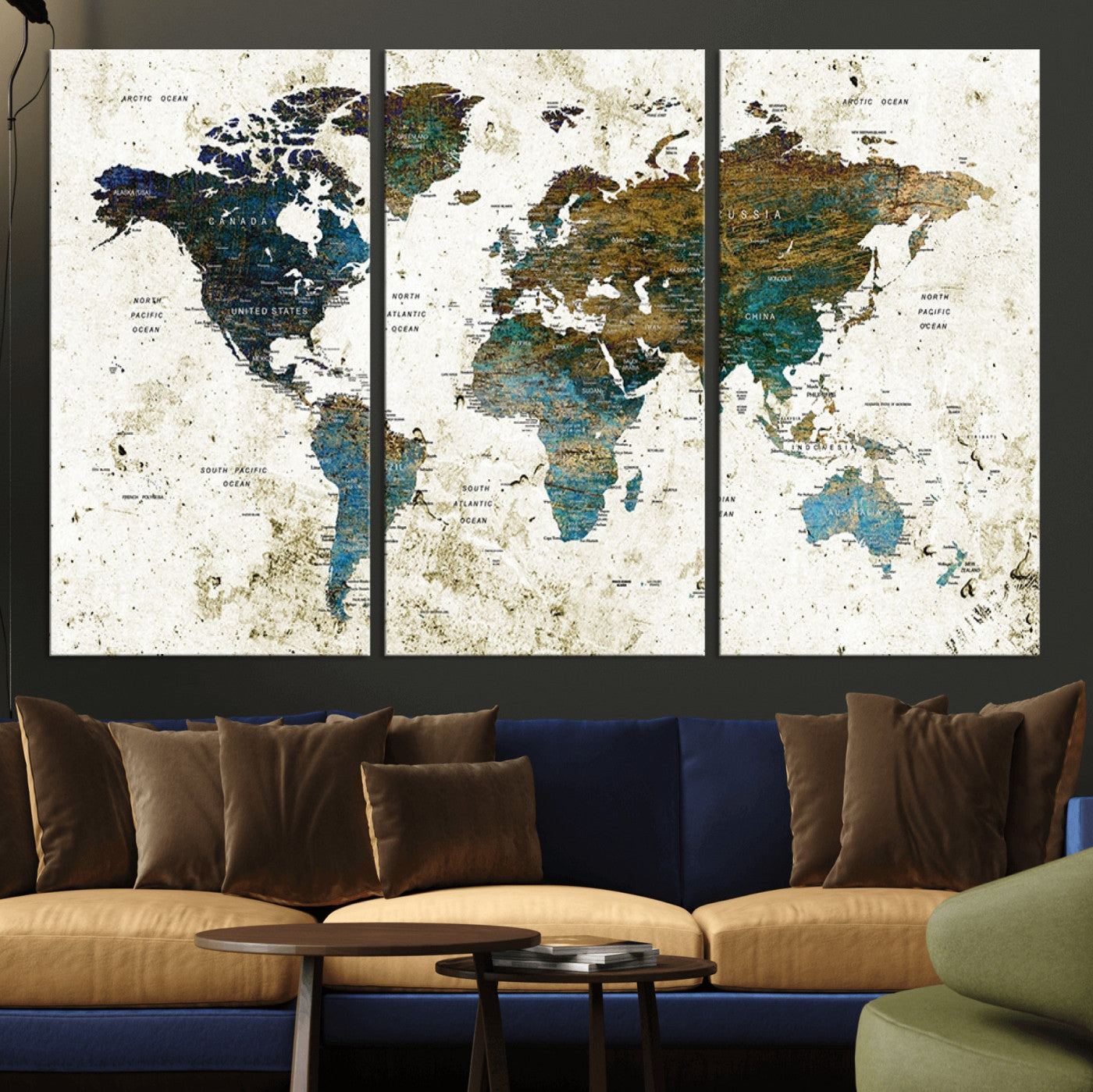 MGV-CV-48X32-3P - Vintage World Map Wall Art Canvas Print, Framed Rustic Earth Map Art Picture Print, Antique Map Perfect Rustic Vintage Decor Artwork