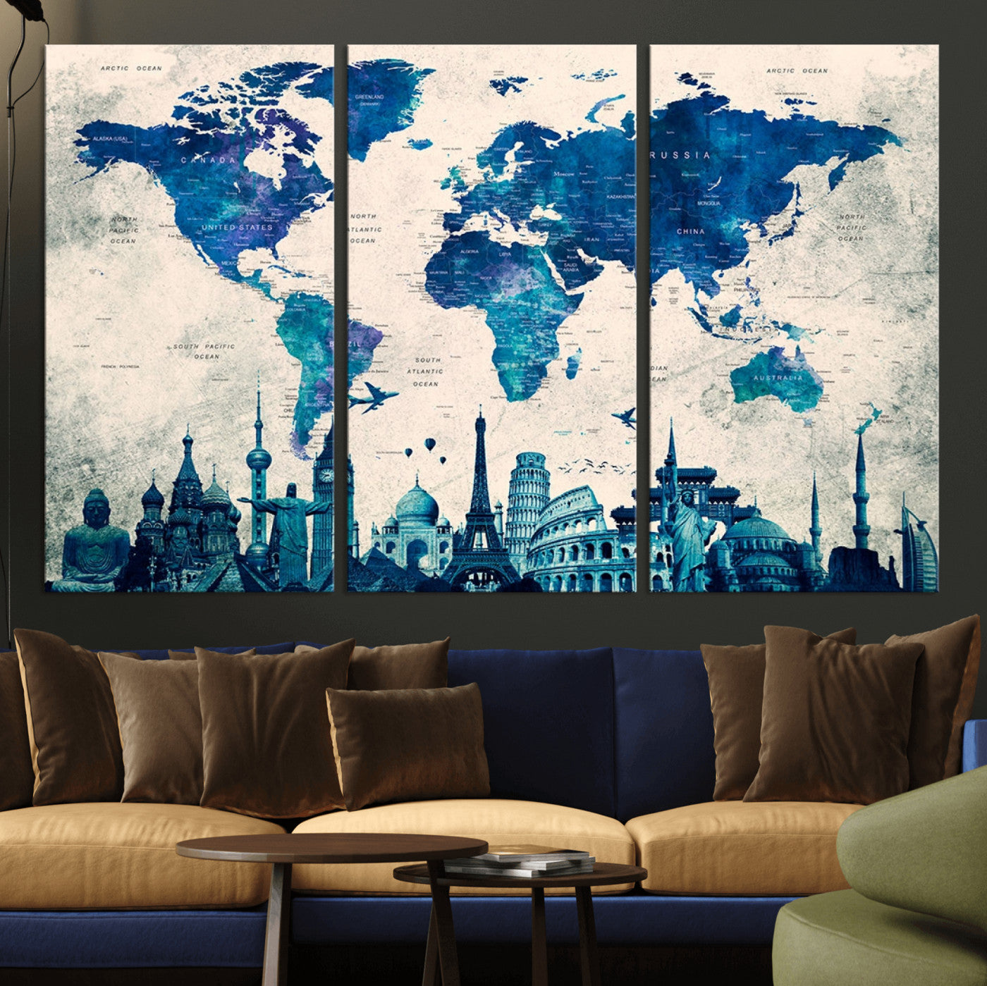 MGV-CV-48X32-3P - Blue World Map Wall Art Canvas Print, Framed Iconic Landmarks Art Picture Print, Blue Globe Map Perfect Elegant Explorer Decor Artwork