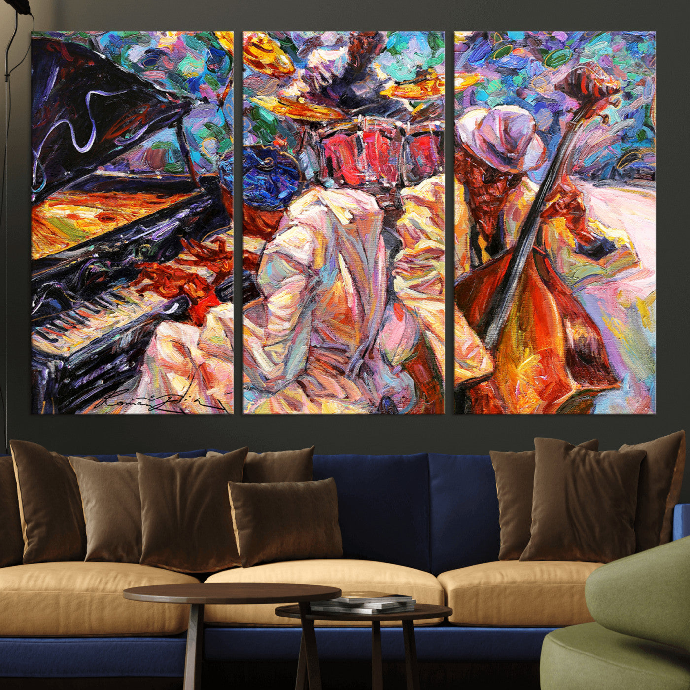 13675-MGV-CV-36X24-Jazz Band Wall Art Canvas Print, Framed Jazz Oil Painting Art Picture Print, Vibrant Music Perfect Abstract Musical Decor Artwork