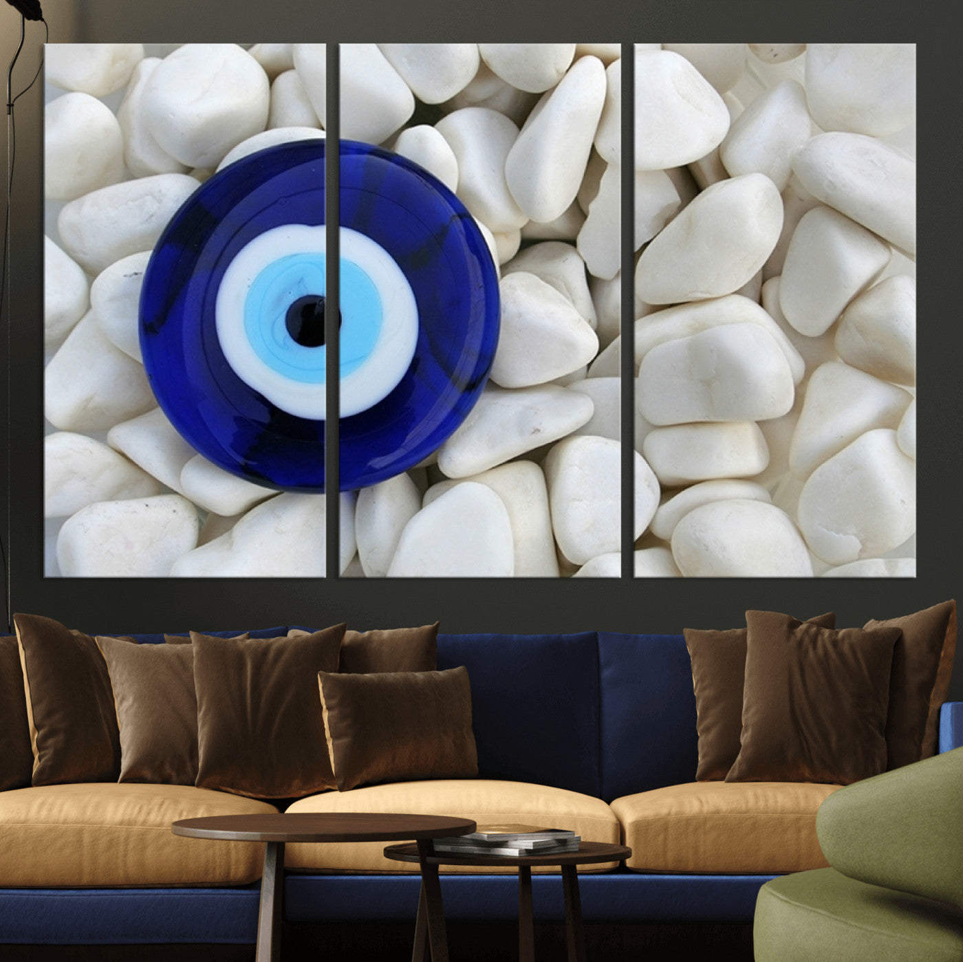 48883-MGV-CV-36X24-Evil Eye Wall Art – Deep Blue Symbol of Presence and Calm on White Stones, Subtle Spiritual Decor for Entryway, Studio, Office or