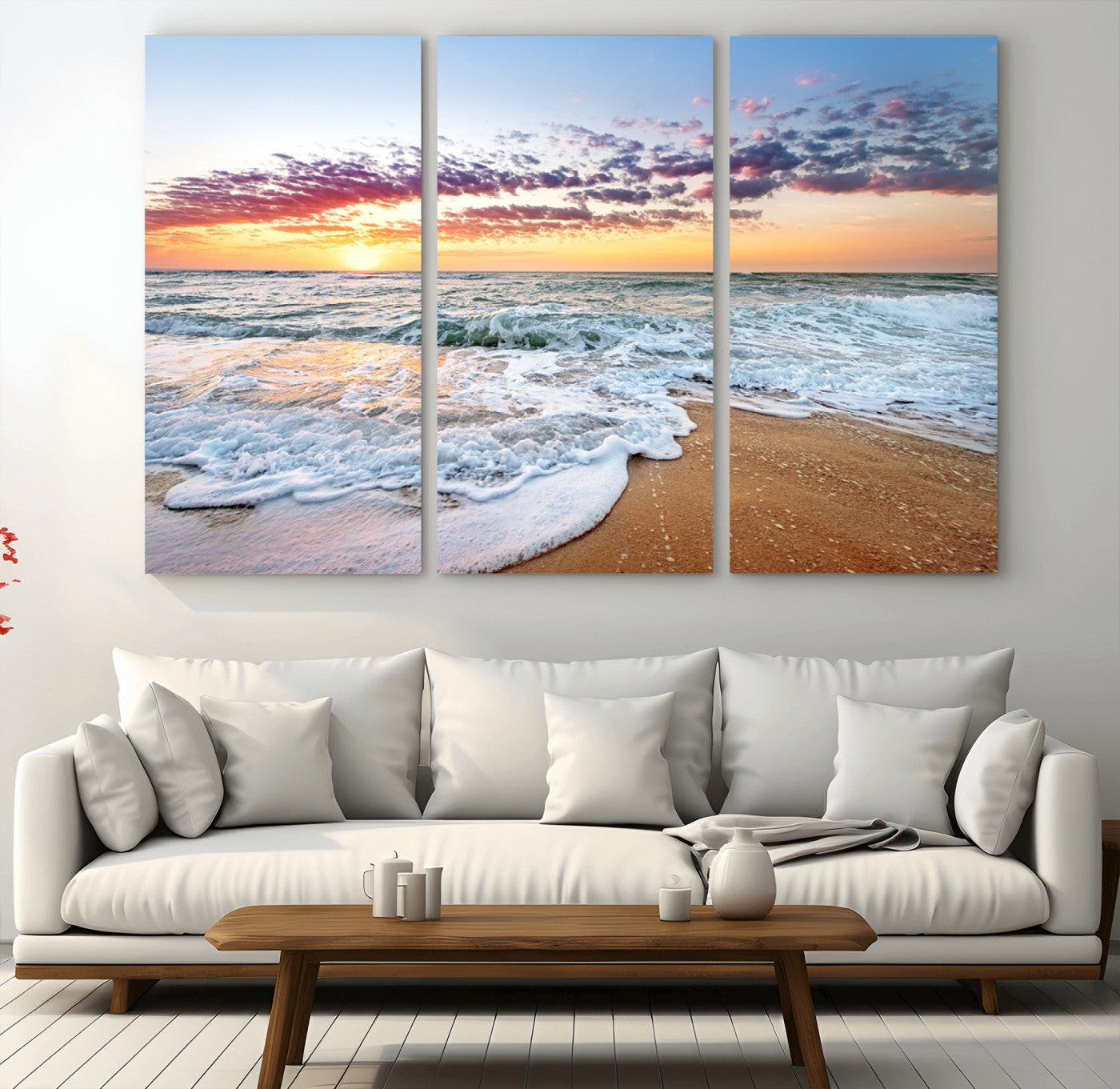 39560-MGV-CV-36X24-Sunrise Beach Wall Art – Vibrant Ocean Waves and Golden Sand Canvas Print, Seaside Coastal Decor for Living Room, Bedroom or