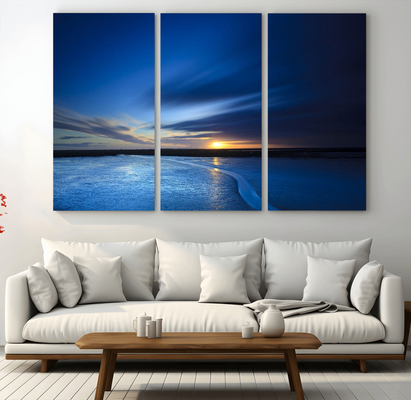 65405-MGV-CV-36X24-Blue Sunrise Seascape Wall Art – Tranquil Ocean Horizon Canvas Print with Golden Sunlight and Deep Sky, Coastal Landscape Decor