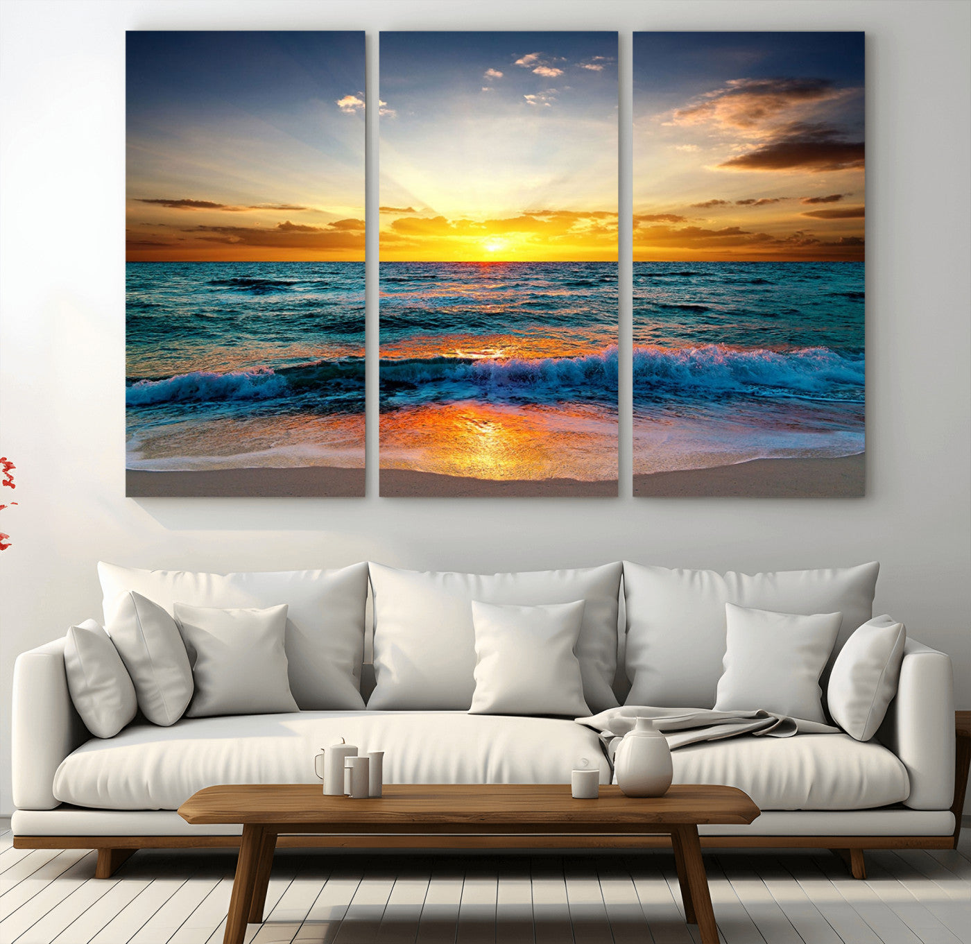 -Ocean Sunset Wall Art – Serene Beach Canvas Print with Waves and Golden Sky, Coastal Decor for Living Room or Office