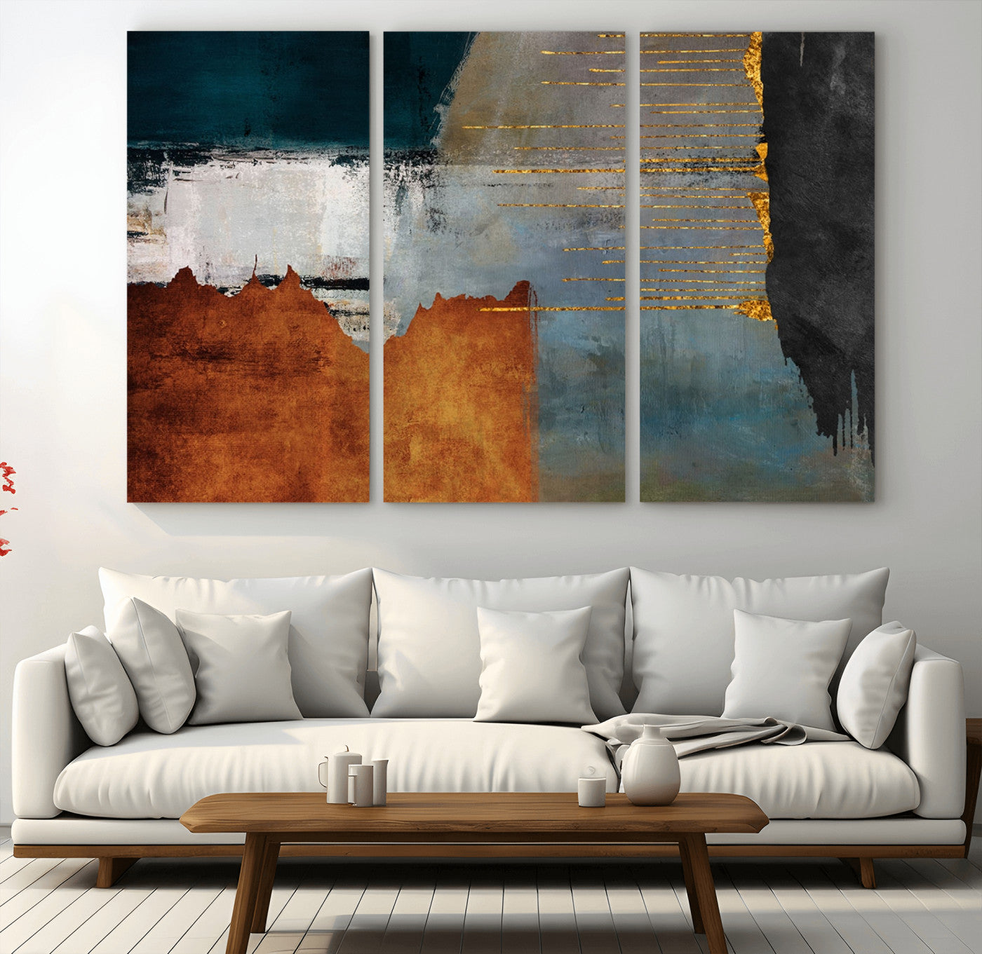 35026-MGV-CV-36X24-Abstract Canvas Wall Art – Modern Teal, Rust, Black and Gold Textured Painting, Contemporary Decor for Living Room, Bedroom or