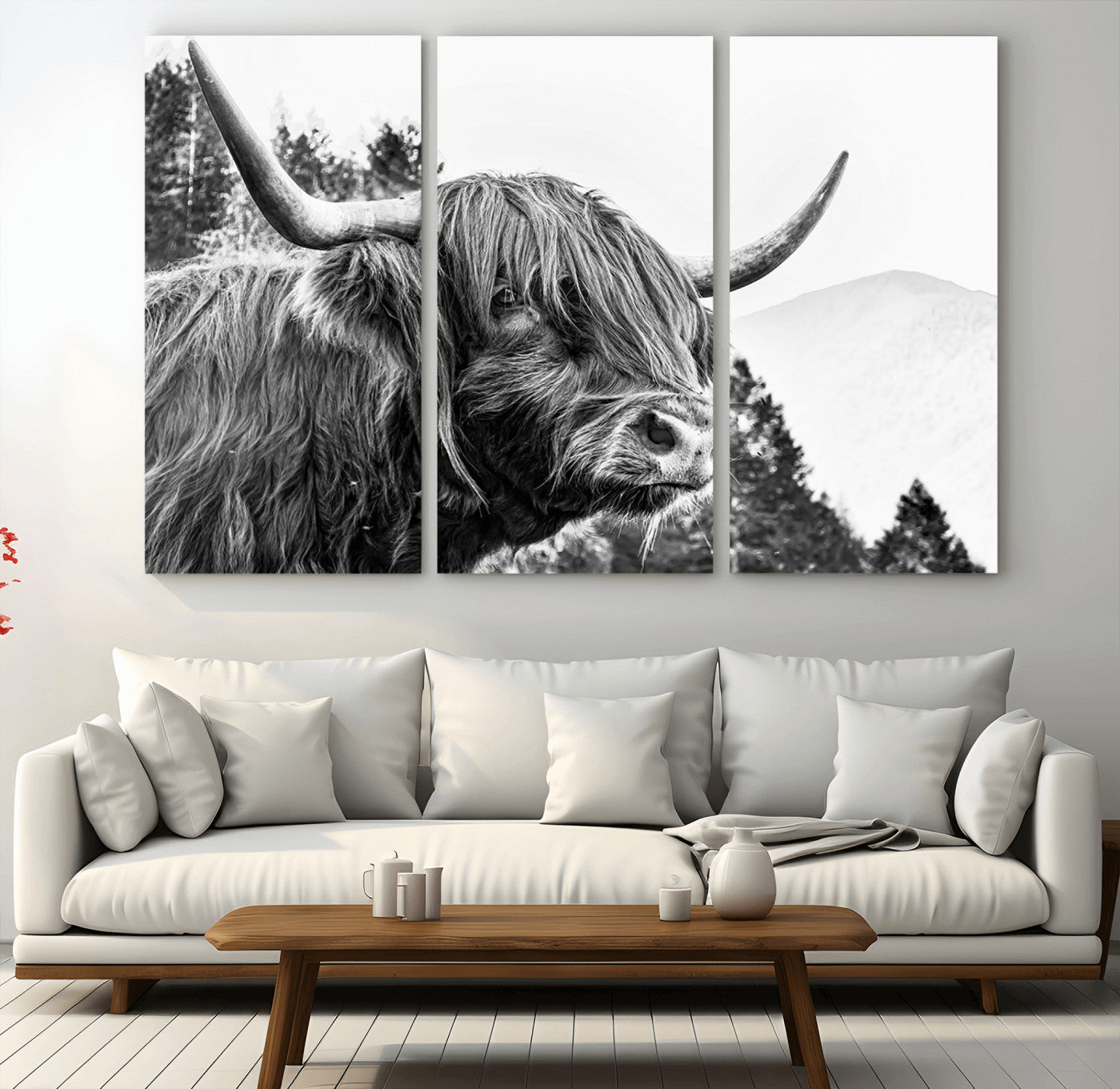 61570-MGV-CV-48X32-3P-Highland Cow Wall Art – Black and White Scottish Bull Canvas Print, Rustic Farmhouse Animal Decor for Living Room, Bedroom, or