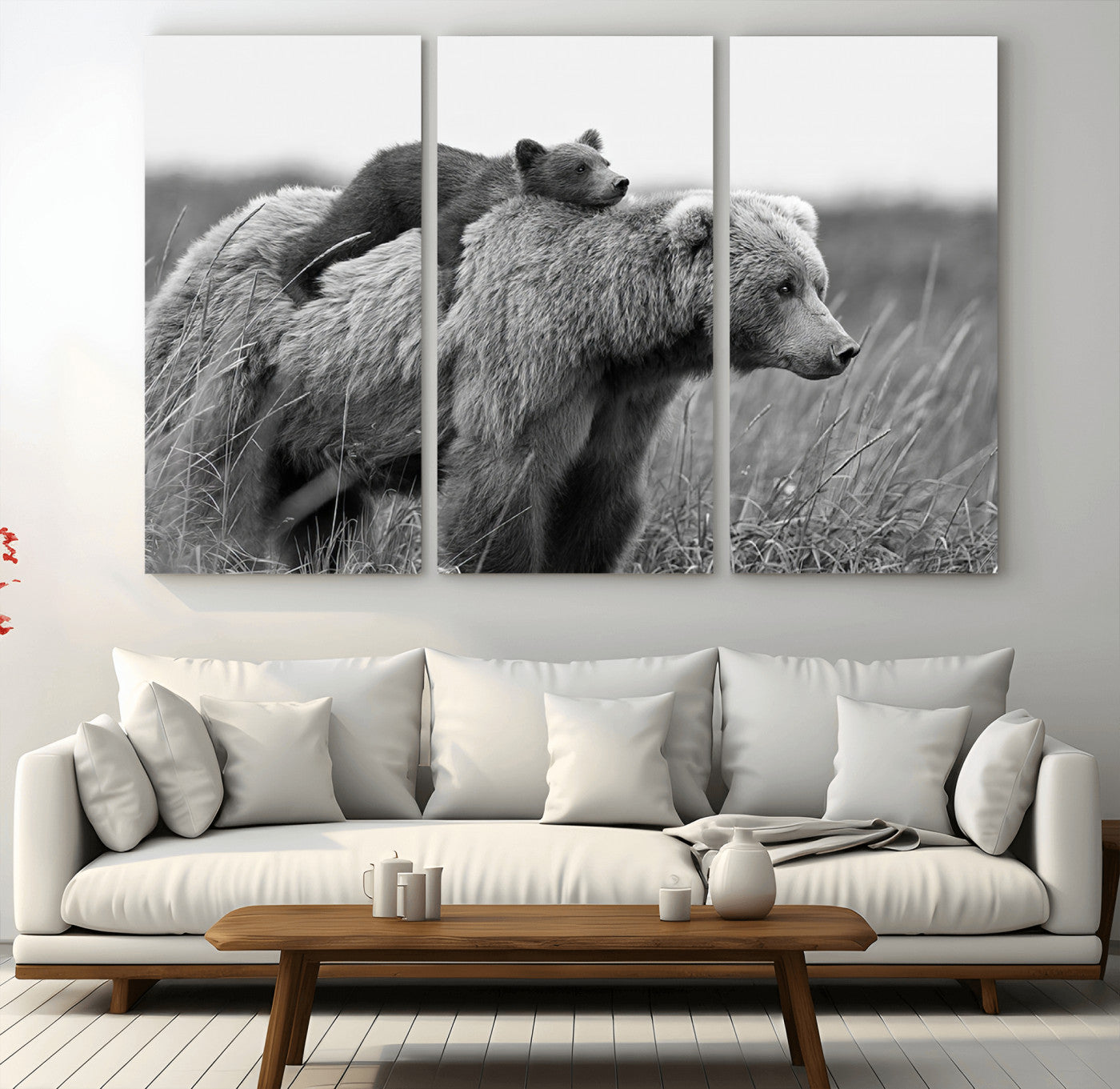 76338-MGV-CV-36X24-Mother Bear and Cub Wall Art – Black and White Wildlife Canvas Print, Rustic Nature Photography for Cabin, Living Room or Office