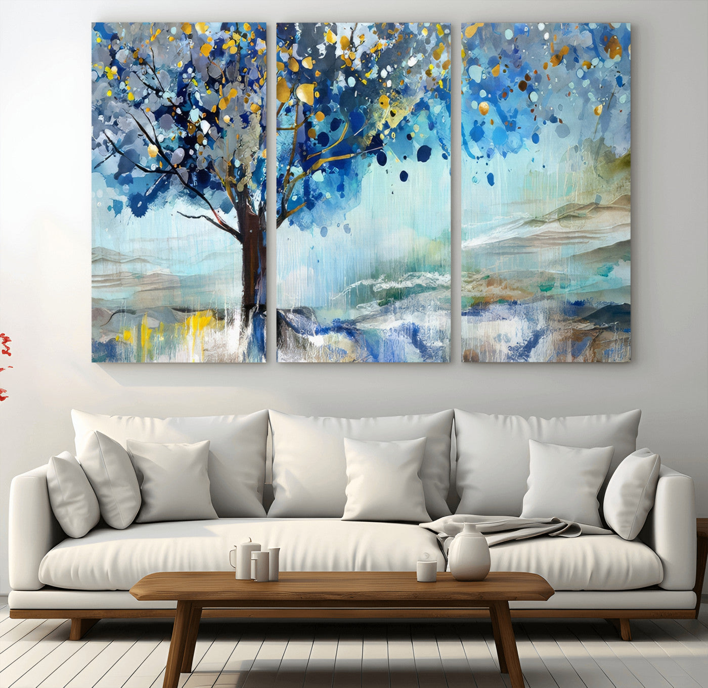 17018-MGV-CV-36X24-Abstract Blue Tree Wall Art – Colorful Canvas Painting with Gold and Silver Accents, Modern Nature Artwork for Living Room,