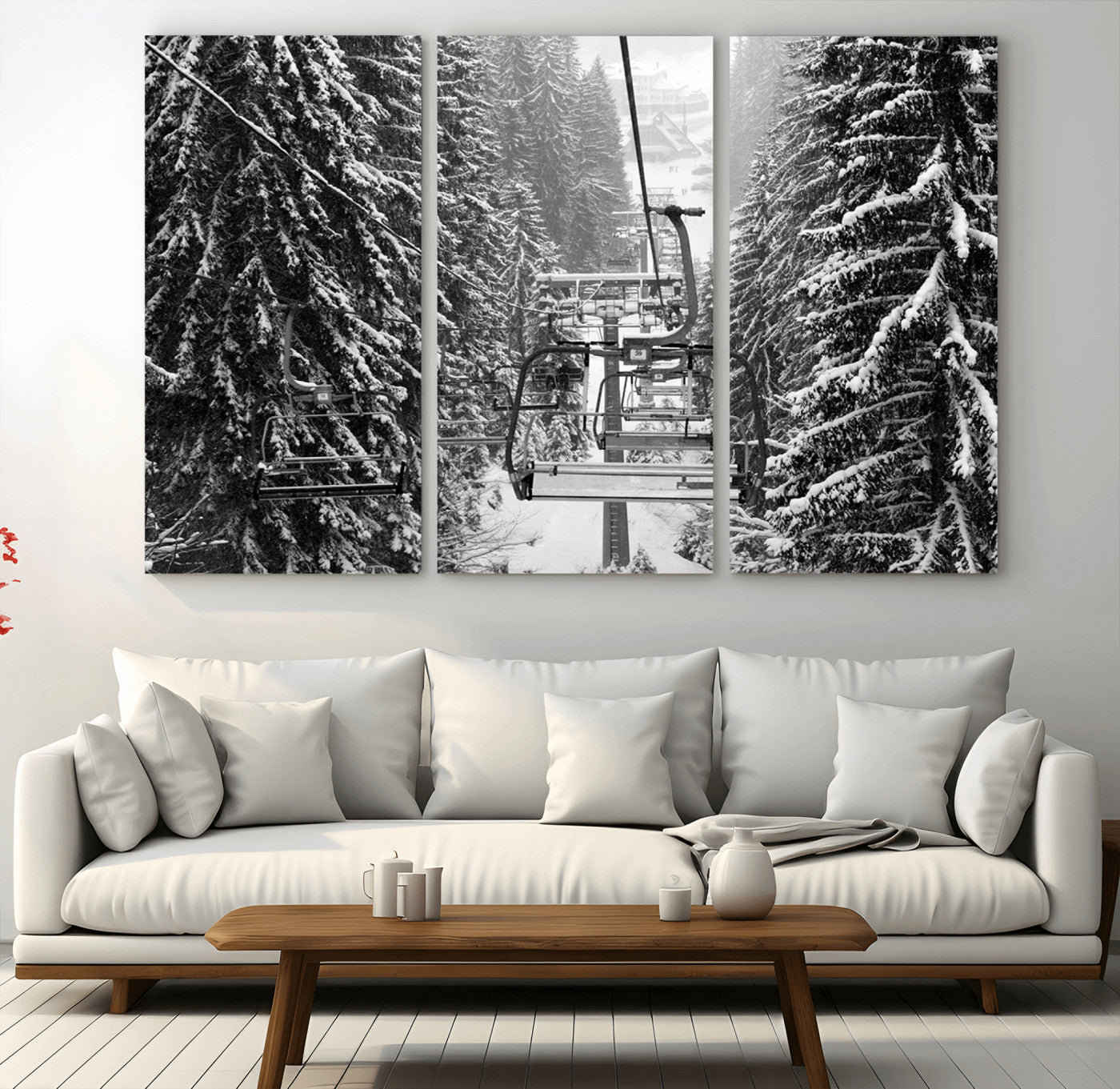 19240-MGV-CV-36X24-Ski Lift Wall Art – Black and White Winter Mountain Canvas Print, Snowy Forest Ski Resort Photography for Cabin, Lodge, Office or