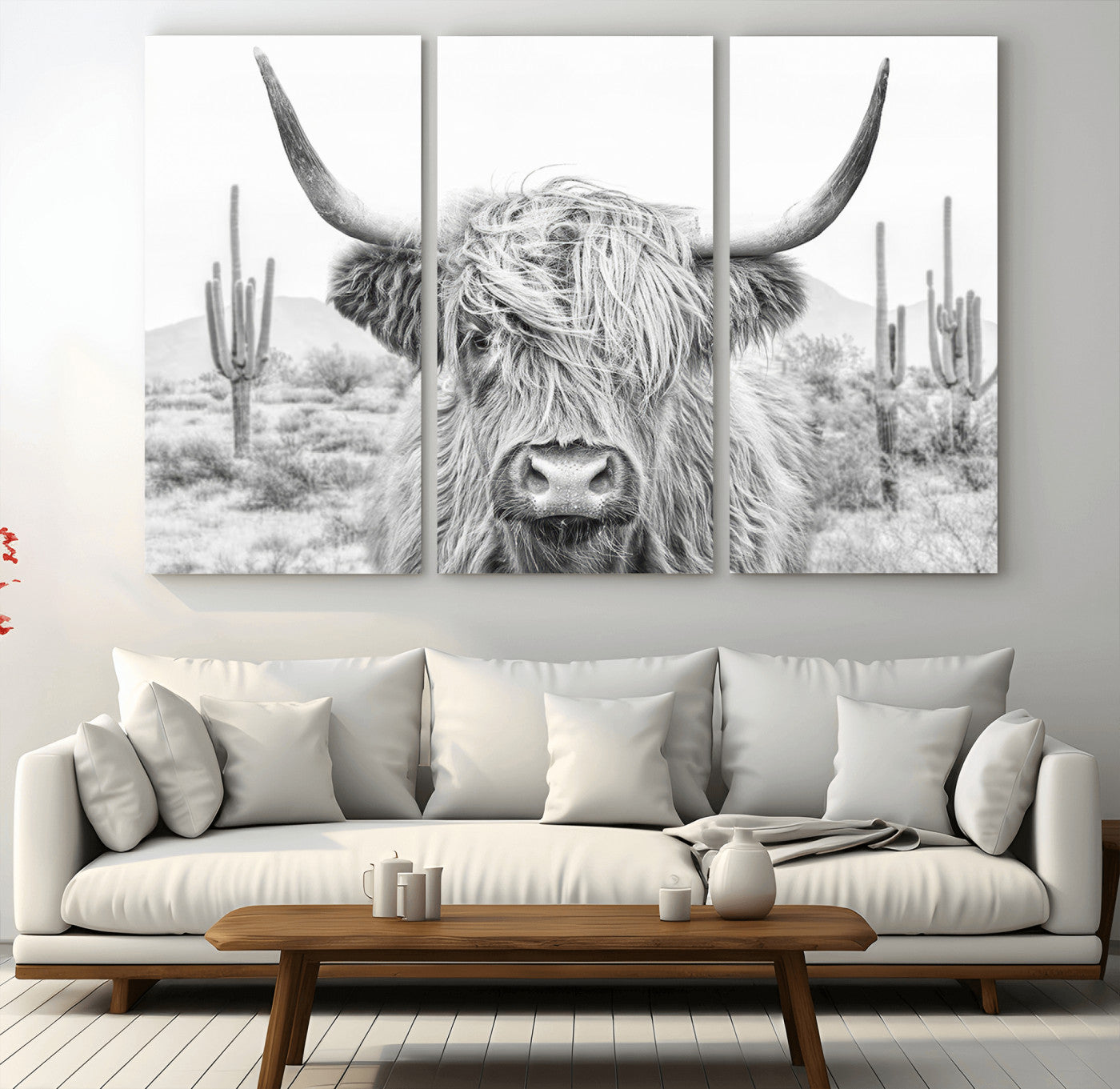 94579-MGV-CV-36X24-Highland Cow Wall Art – Black and White Longhorn Canvas Print, Rustic Western Farmhouse Animal Photography for Living Room,