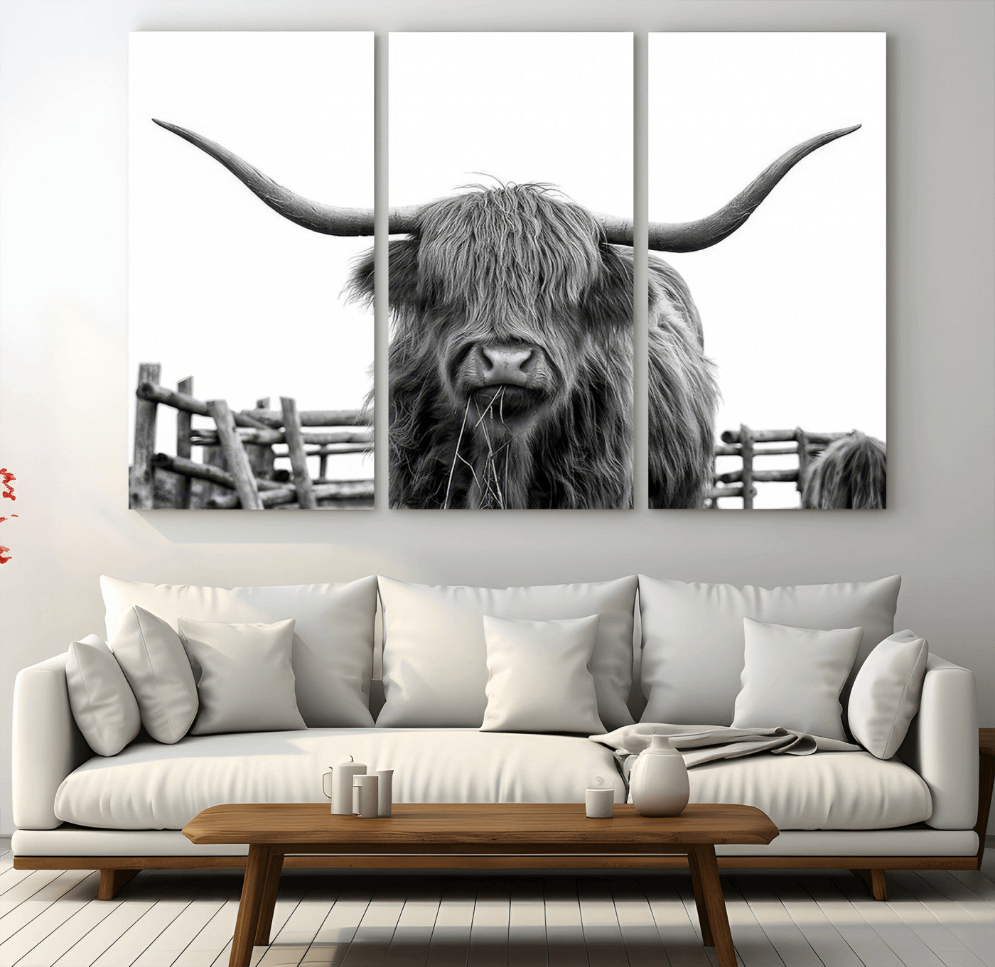 58188-MGV-CV-36X24-Highland Cow Wall Art – Black and White Rustic Farmhouse Canvas Print, Longhorn Cattle Photography Decor for Living Room or