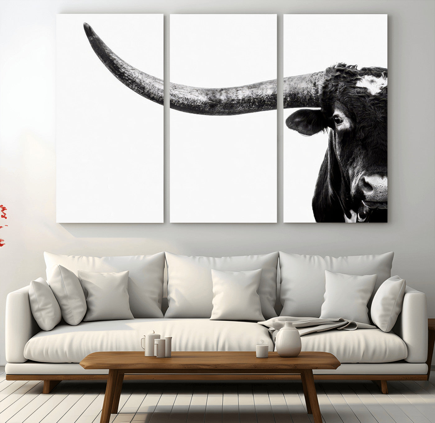 31699-MGV-CV-36X24-Longhorn Wall Art – Black and White Texas Longhorn Cow Canvas Print, Rustic Western Farmhouse Artwork for Living Room, Bedroom or