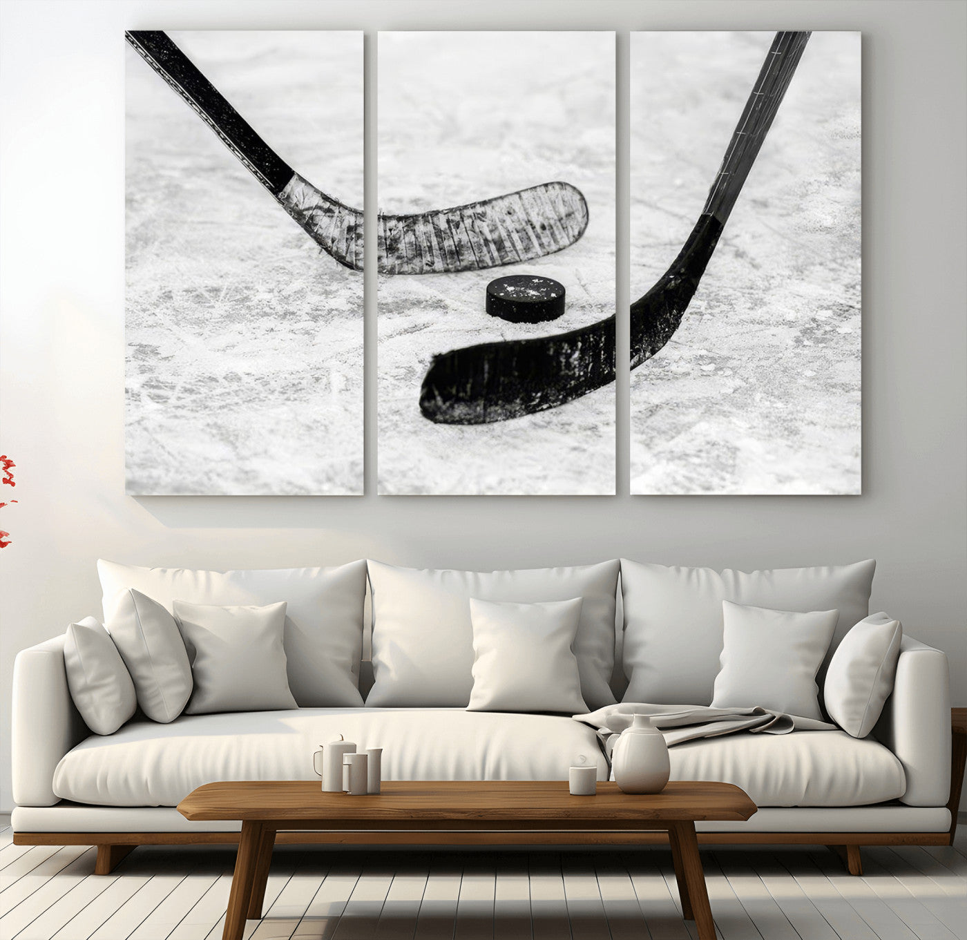 82900-MGV-CV-36X24-Hockey Wall Art – Black and White Canvas Print Ice Rink Sticks Puck Sports Photography, Modern Decor for Game Room, Man Cave,