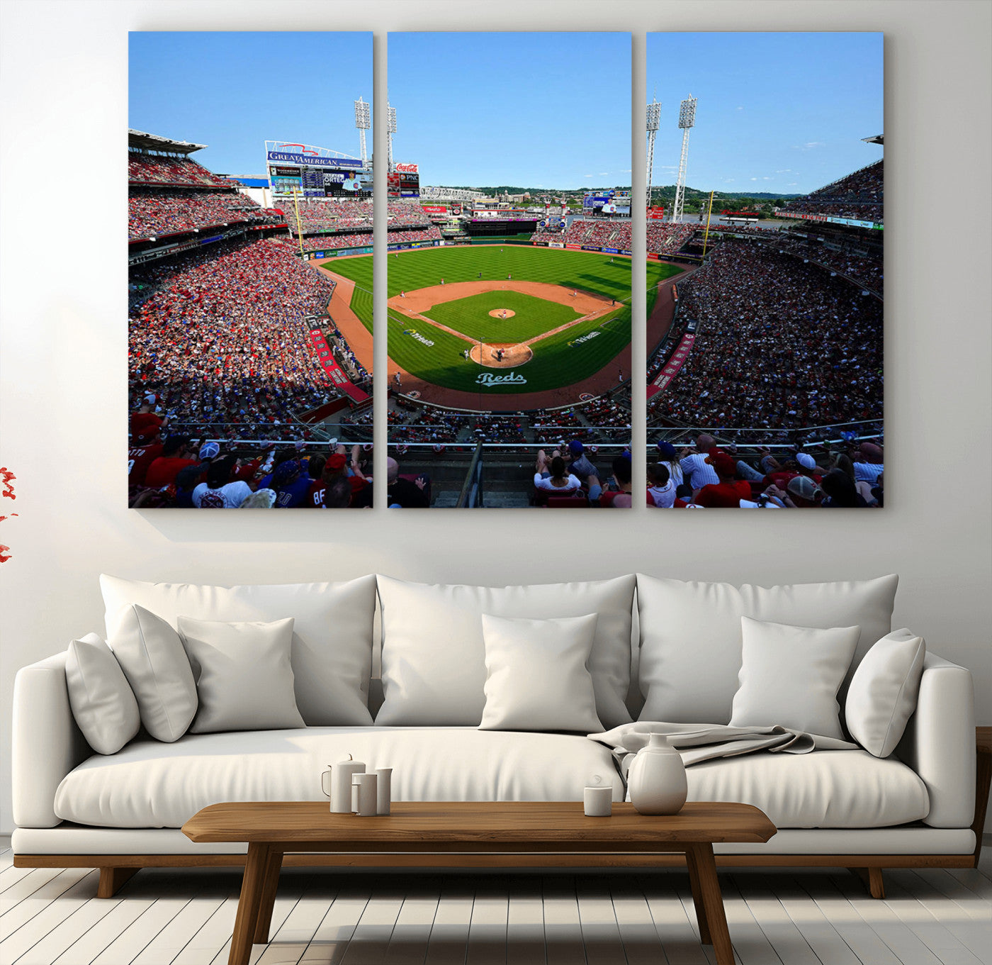 90998-MGV-CV-36X24-Baseball Stadium Wall Art – Canvas Print Day Game Field Packed Crowd Bright Blue Sky Sports Photography, Classic Decor for Game