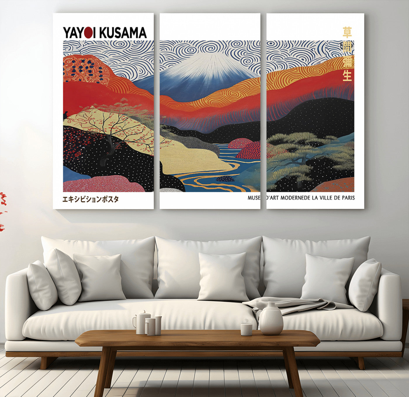 14839-MGV-CV-36X24-Yayoi Kusama Wall Art – Panoramic Mountain & River Canvas Print, Modern Abstract Japanese Landscape Decor for Living Room or