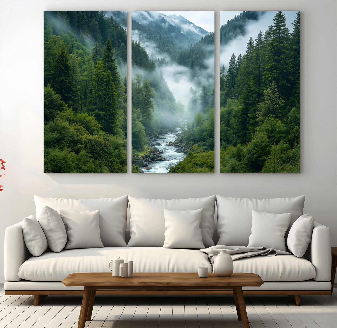 69453-MGV-CV-36X24-Mountain Forest Wall Art – Misty River and Evergreen Landscape Canvas Print, Nature Photography Poster for Living Room, Bedroom,