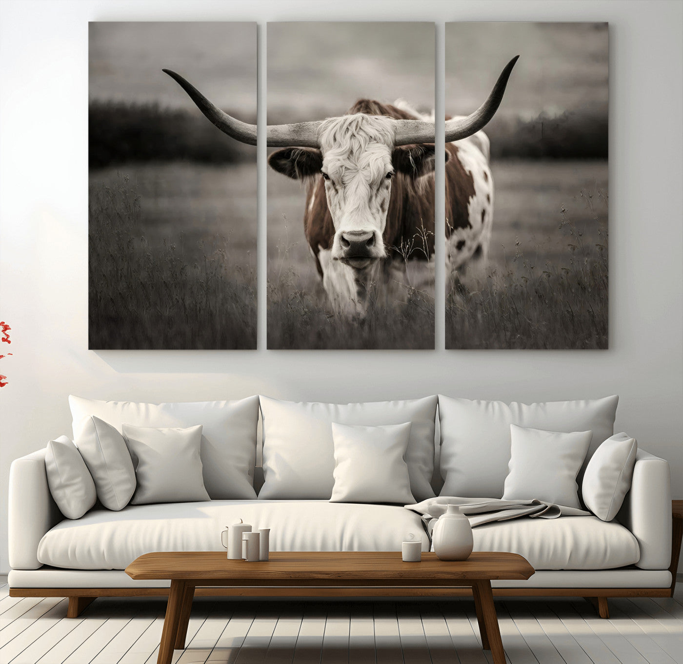 69238-MGV-CV-36X24-Longhorn Bull Wall Art – Rustic Black and White Texas Cattle Canvas Print, Western Farmhouse Animal Photography for Living Room,