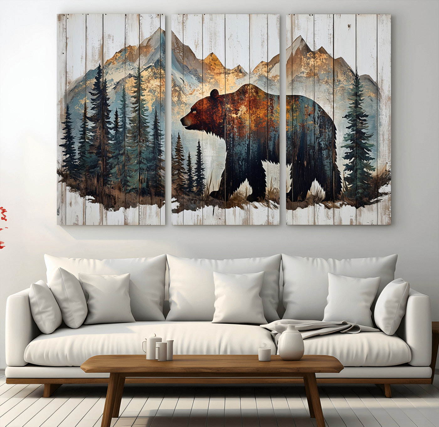 55777-MGV-CV-36X24-Rustic Bear Wall Art Canvas Print, Framed Mountain and Forest Art Picture Print, Wooden Bear Perfect Rustic Lodge Decor Artwork
