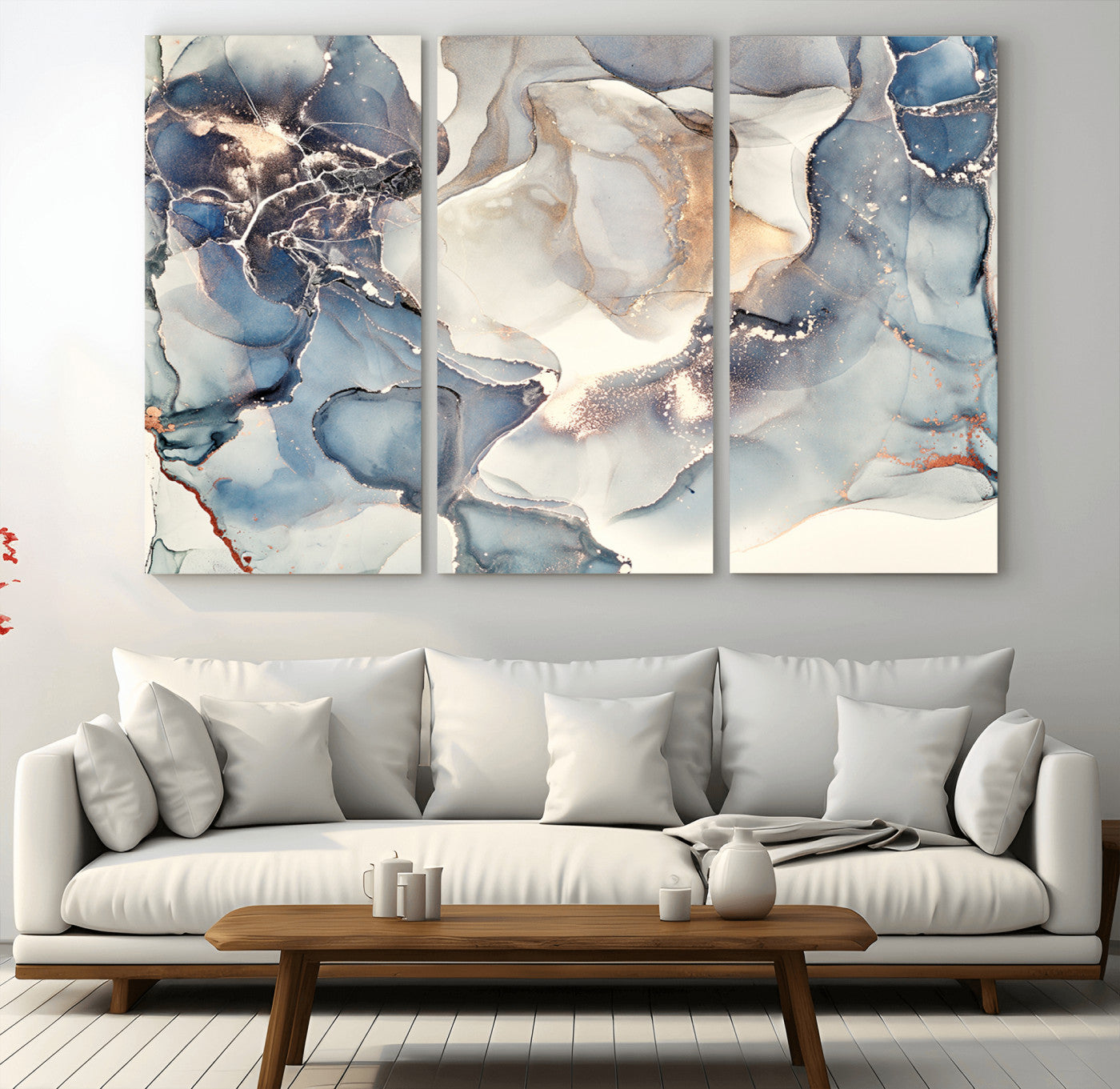 51497-MGV-CV-36X24-Abstract Blue and Gold Wall Art – Modern Fluid Ink Style Canvas Print, Elegant Contemporary Decor for Living Room, Office