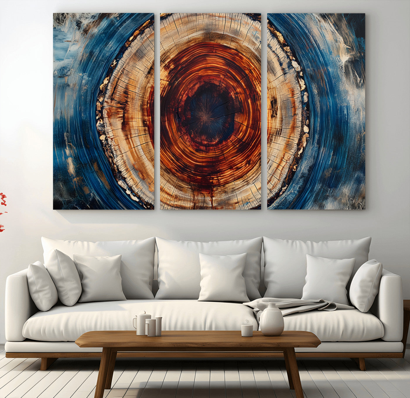 90395-MGV-CV-36X24-Tree Ring Wall Art – Abstract Wood Grain Canvas Print with Fiery Red and Blue Tones, Bold Rustic Nature Inspired Artwork Decor for