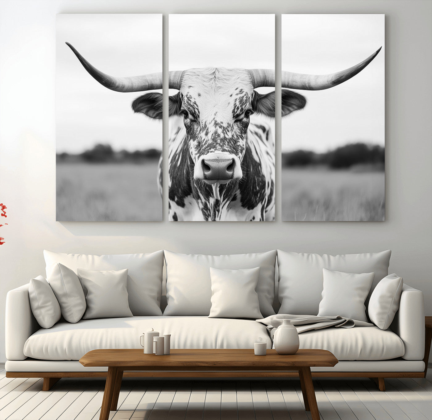 20272-MGV-CV-36X24-Highland Cow Wall Art – Black and White Western Longhorn Canvas Print, Farmhouse Living Room Decor Southwestern Animal Artwork for