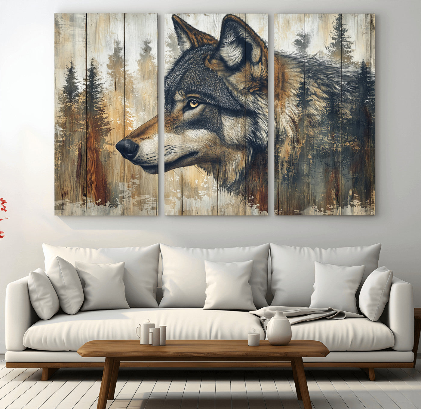 91882-MGV-CV-36X24-Wolf Wall Art – Rustic Canvas Print of Forest Wolf on Wood Background, Wildlife Lodge Artwork for Living Room, Bedroom, Cabin, or