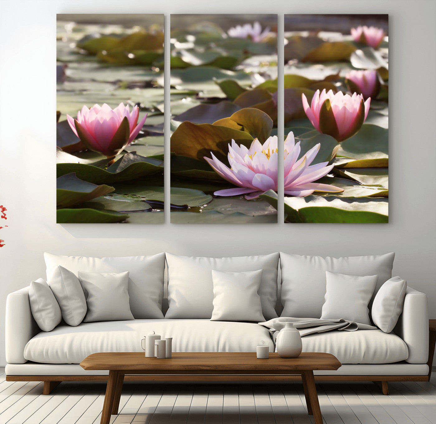 28394-MGV-CV-36X24-Water Lily Pond Wall Art – Pink Lotus Flowers Canvas Print with Green Lily Pads, Peaceful Botanical Artwork for Living Room,