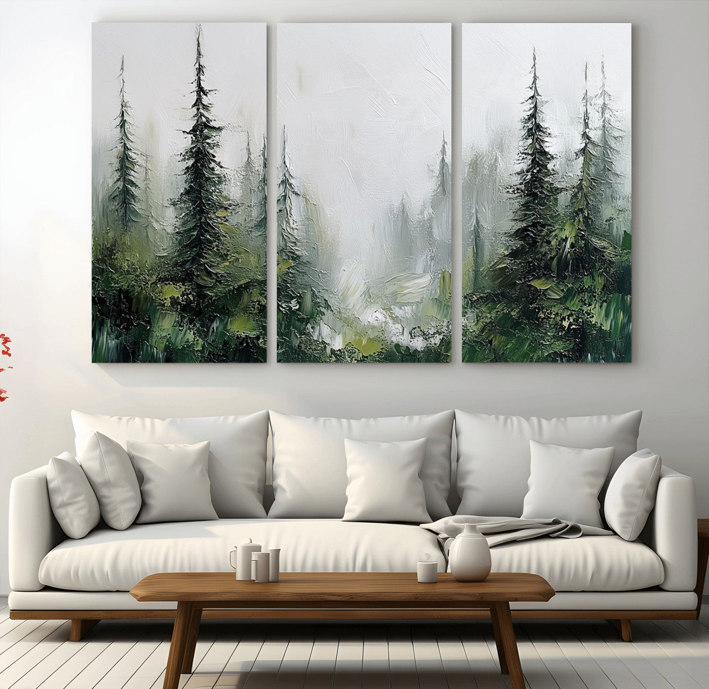 76014-MGV-CV-36X24-Forest Wall Art – Textured Canvas Print Featuring Misty Evergreen Pines and Woodland Landscape, Rustic Nature Artwork for Living