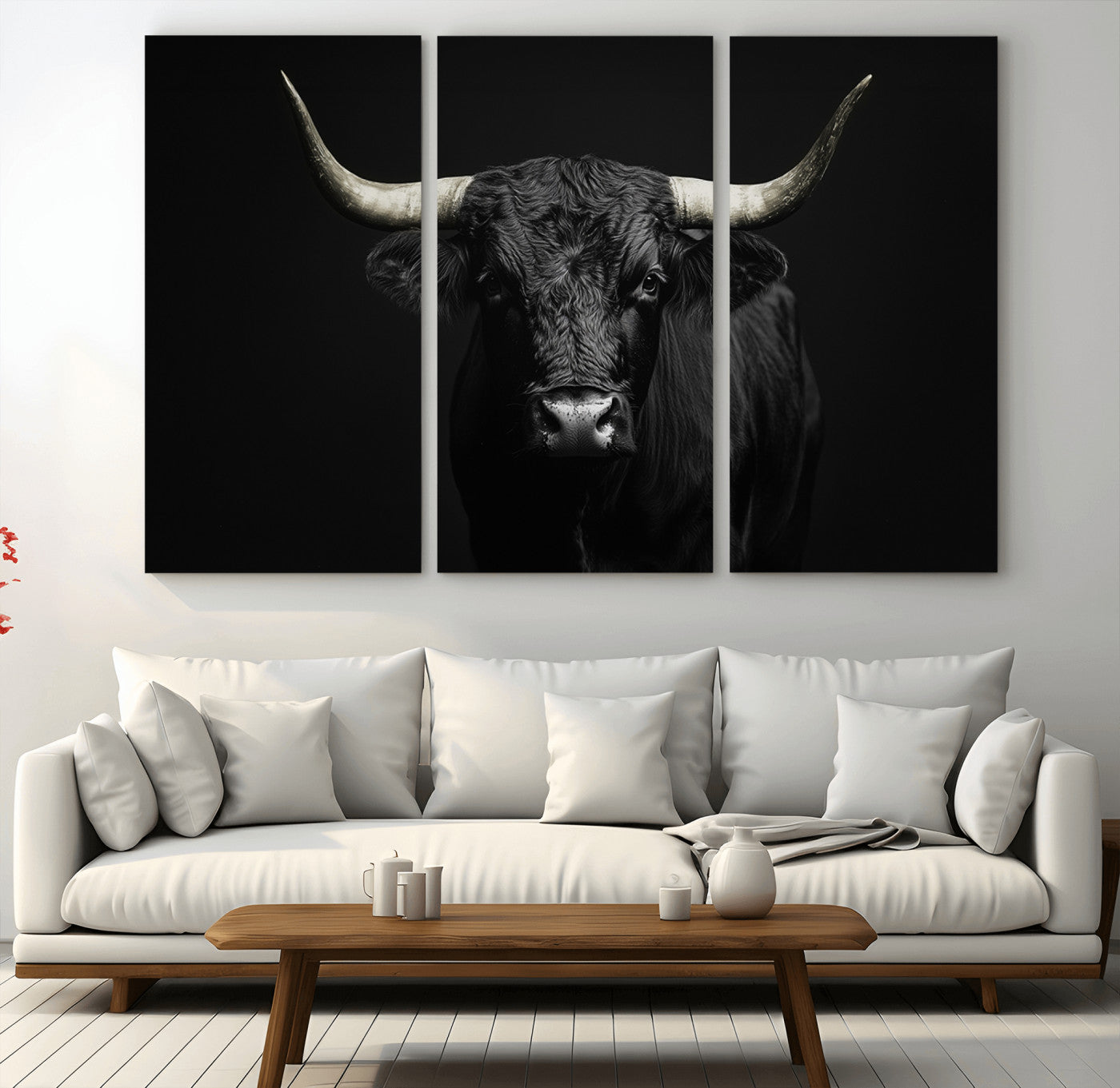 97914921-MGV-CV-36X24-Black Bull Wall Art Canvas Print, Framed Longhorn Bull Art Picture Print, Western Bull Perfect Monochrome Western Decor Artwork