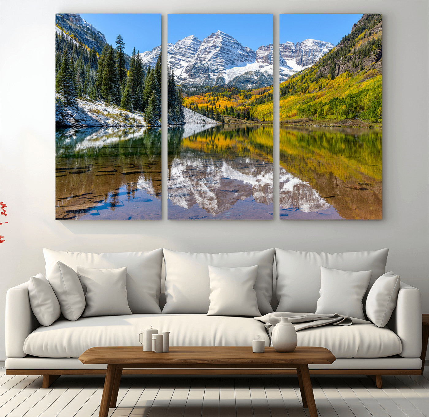 87724099-MGV-CV-36X24-Maroon Bells Wall Art Canvas Print, Framed Snowy Mountains Art Picture Print, Pine Forest Perfect Vibrant Alpine Decor Artwork