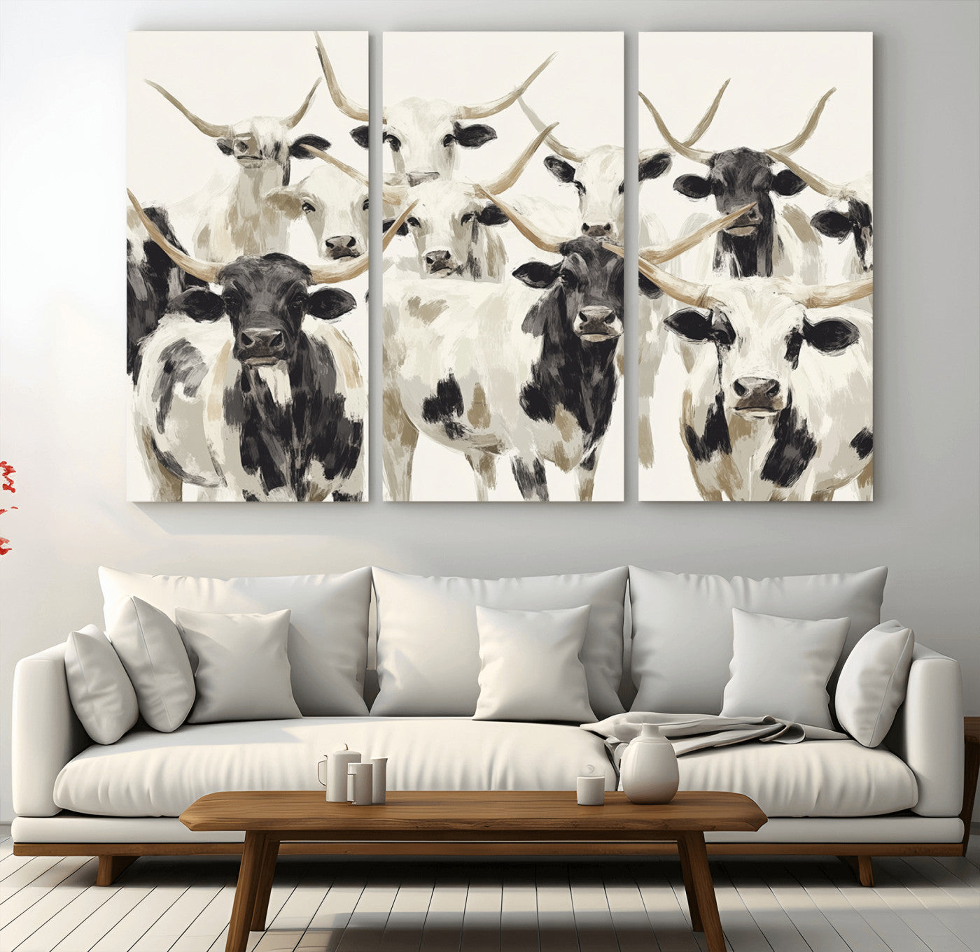 52947970-MGV-CV-36X24-Texas Longhorn Wall Art Canvas Print, Framed Cattle Herd Art Picture Print, Herd Portrait Perfect Modern Farmhouse Decor Artwork