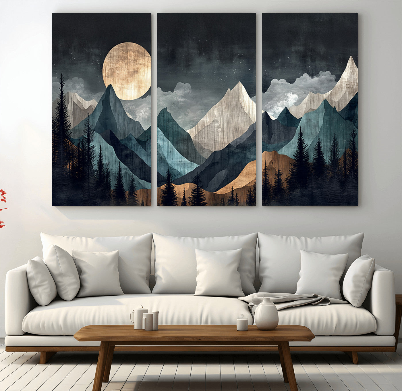 11060882-MGV-CV-36X24-Moonlit Mountains Wall Art Canvas Print, Framed Forest Silhouette Art Picture Print, Night Landscape Perfect Modern Forest Decor