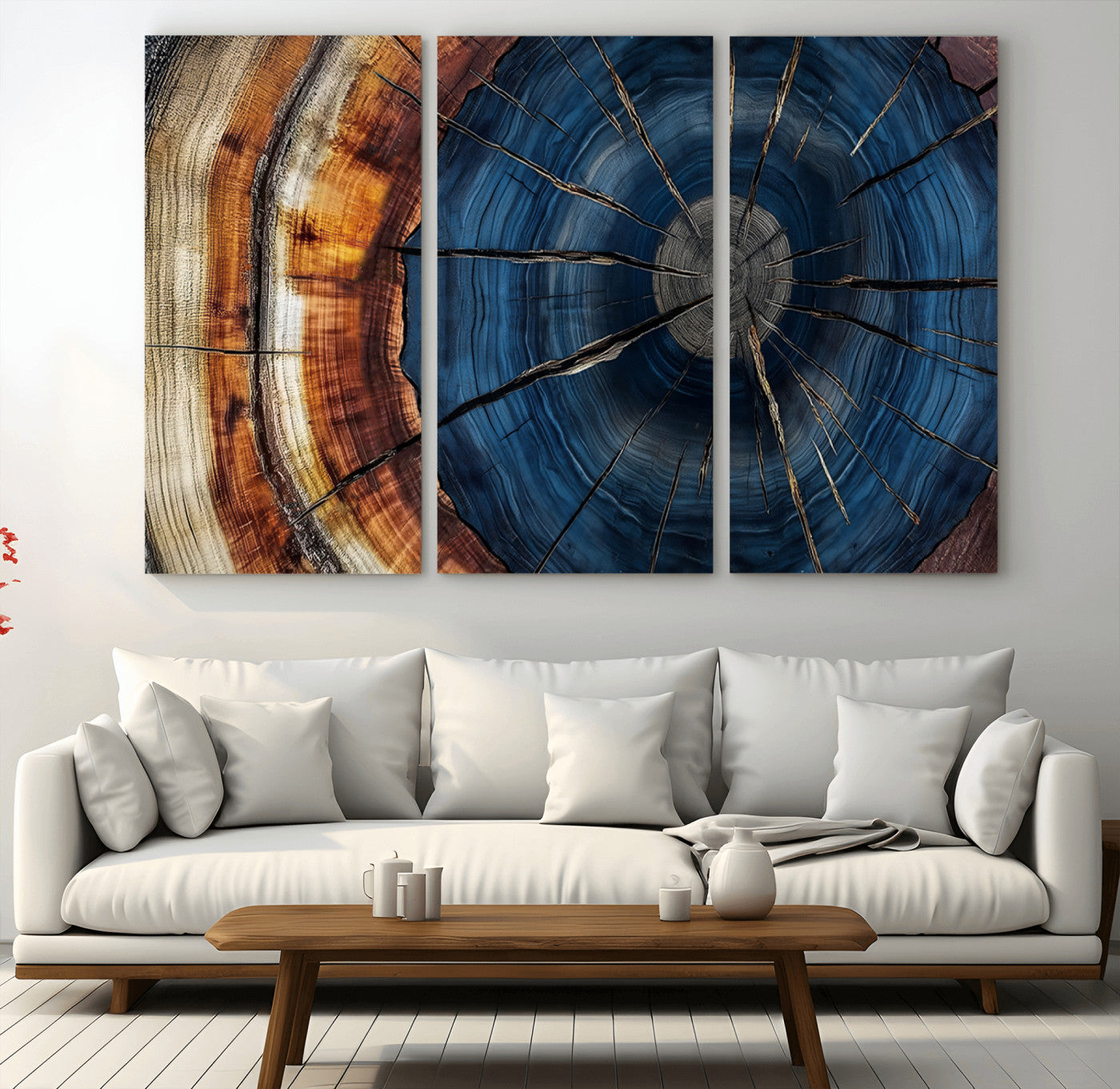 60099360-MGV-CV-36X24-Blue Tree Ring Wall Art – Rustic Wood Grain Canvas Print, Modern Abstract Artwork with Natural Texture for Living Room, Bedroom,