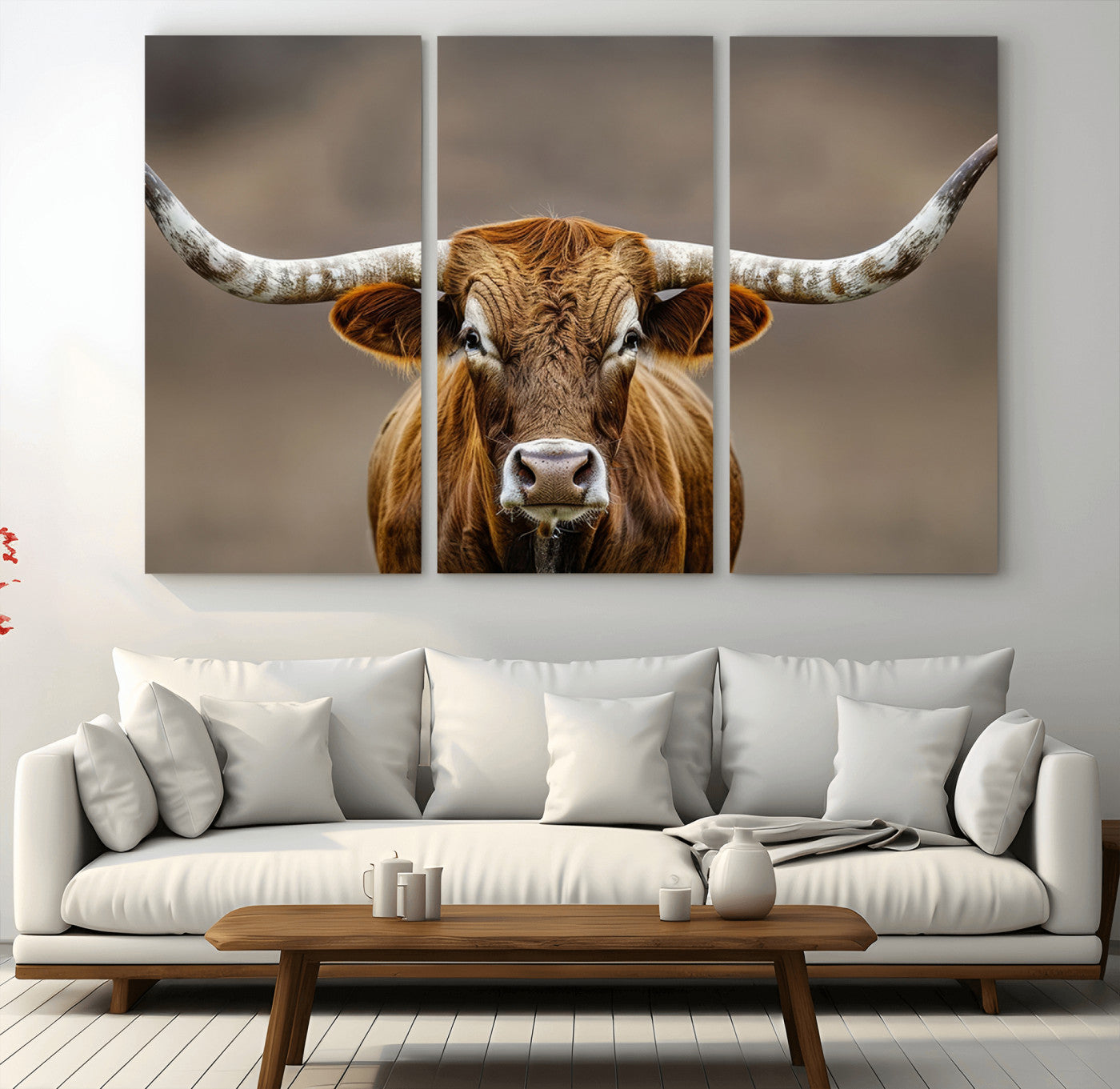 12179171-MGV-CV-36X24-Texas Longhorn Wall Art Canvas Print, Framed Brown Bull Art Picture Print, Lone Cattle Perfect Rustic Western Decor Artwork