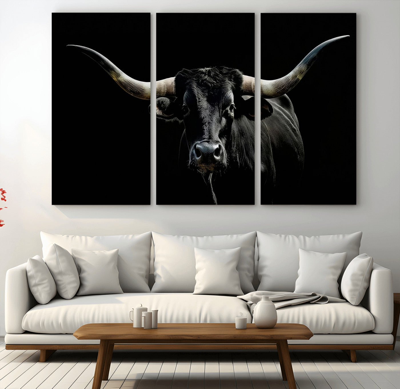 37531960-MGV-CV-36X24-Black Longhorn Bull Wall Art – Dramatic Western Cattle Canvas Print, Rustic Farmhouse Animal Artwork for Living Room, Bedroom,