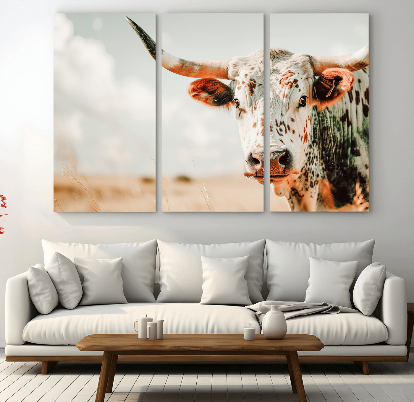 72766375-MGV-CV-36X24-Texas Longhorn Wall Art Canvas Print, Framed Spotted Cow Art Picture Print, Horned Cattle Perfect Rustic Western Decor Artwork