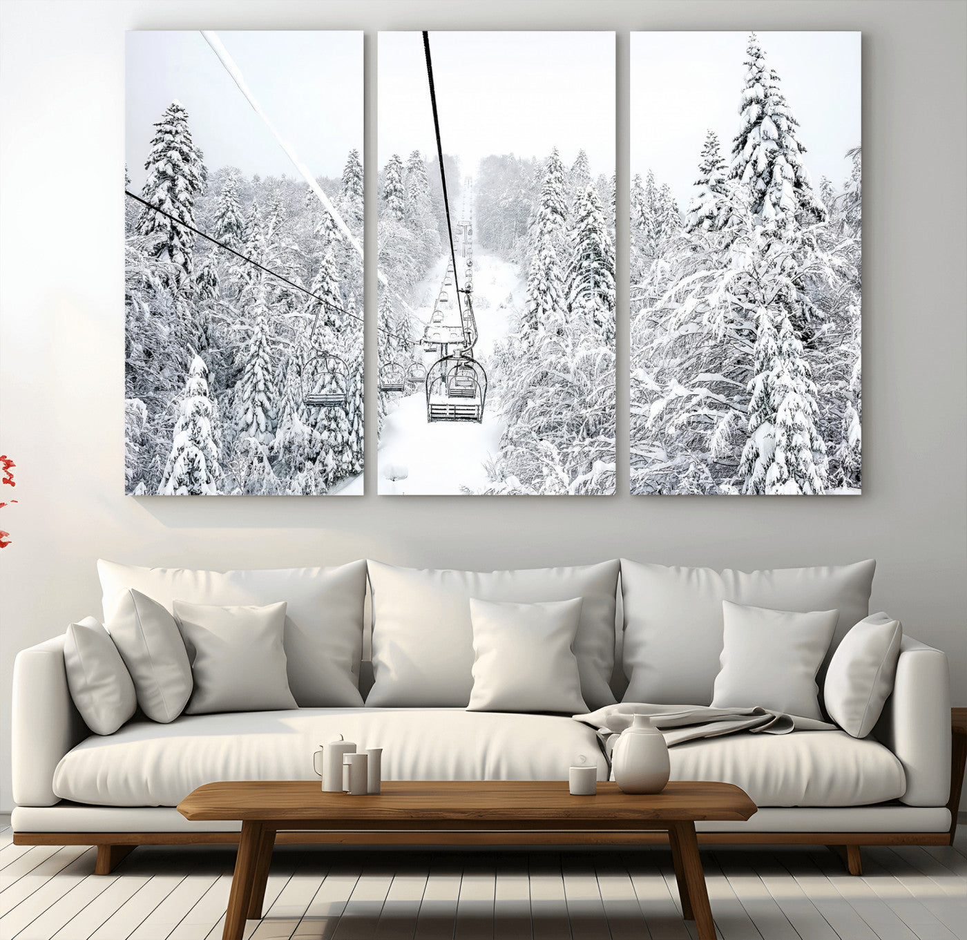 60296839-MGV-CV-36X24-Snowy Mountains Wall Art Canvas Print, Framed Ski Lift Art Picture Print, Winter Forest Perfect Winter Minimalist Decor Artwork