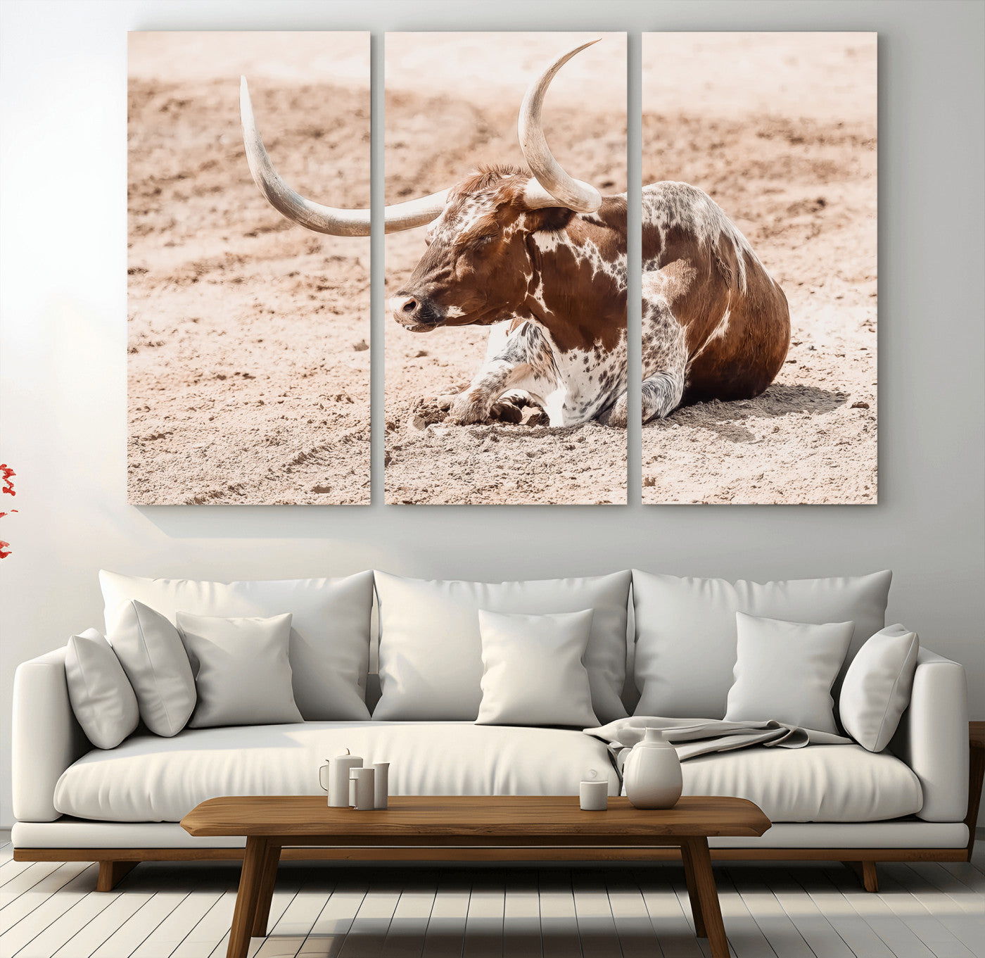 91248682-MGV-CV-36X24-Texas Longhorn Wall Art Canvas Print, Framed Resting Bull Art Picture Print, Spotted Cattle Perfect Rustic Western Decor Artwork