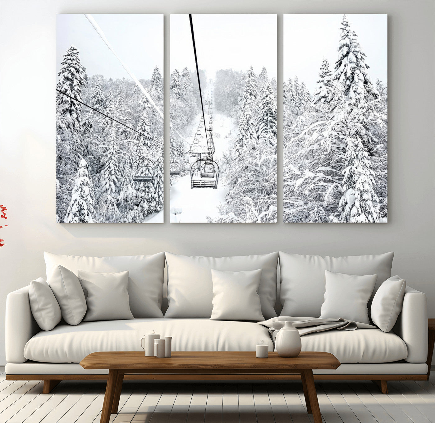 44705668-MGV-CV-36X24-Winter Forest Wall Art Canvas Print, Framed Snowy Forest Art Picture Print, Ski Lift Perfect Scandinavian Decor Artwork