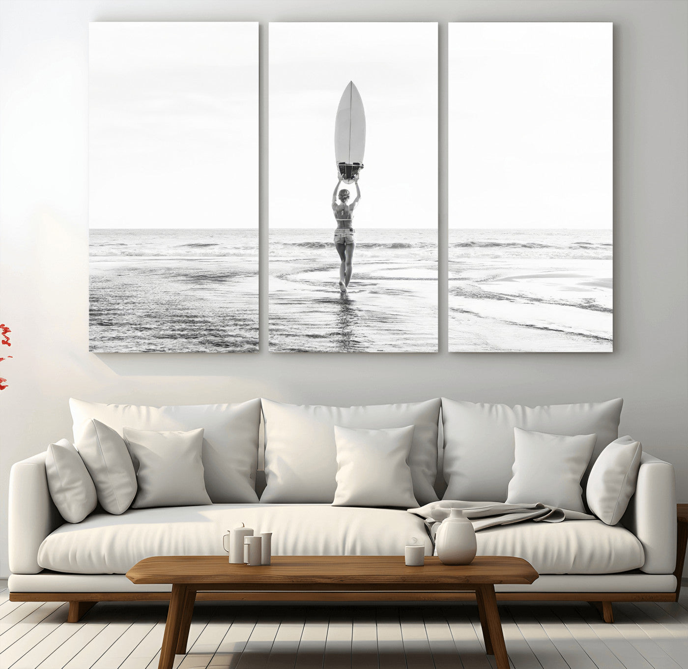 98446901-MGV-CV-36X24-Monochrome Surf Wall Art Canvas Print, Framed Minimalist Surfer Art Picture Print, Surfboard Silhouette Perfect Coastal Minimalist