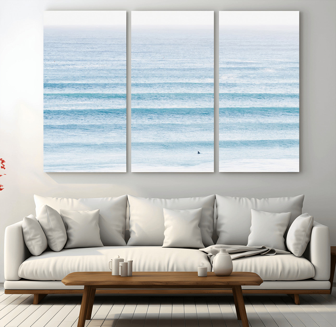 77145995-MGV-CV-36X24-Ocean Simplicity Wall Art Canvas Print, Framed Surfer on Water Art Picture Print, Light Blue Perfect Coastal Minimalist Decor