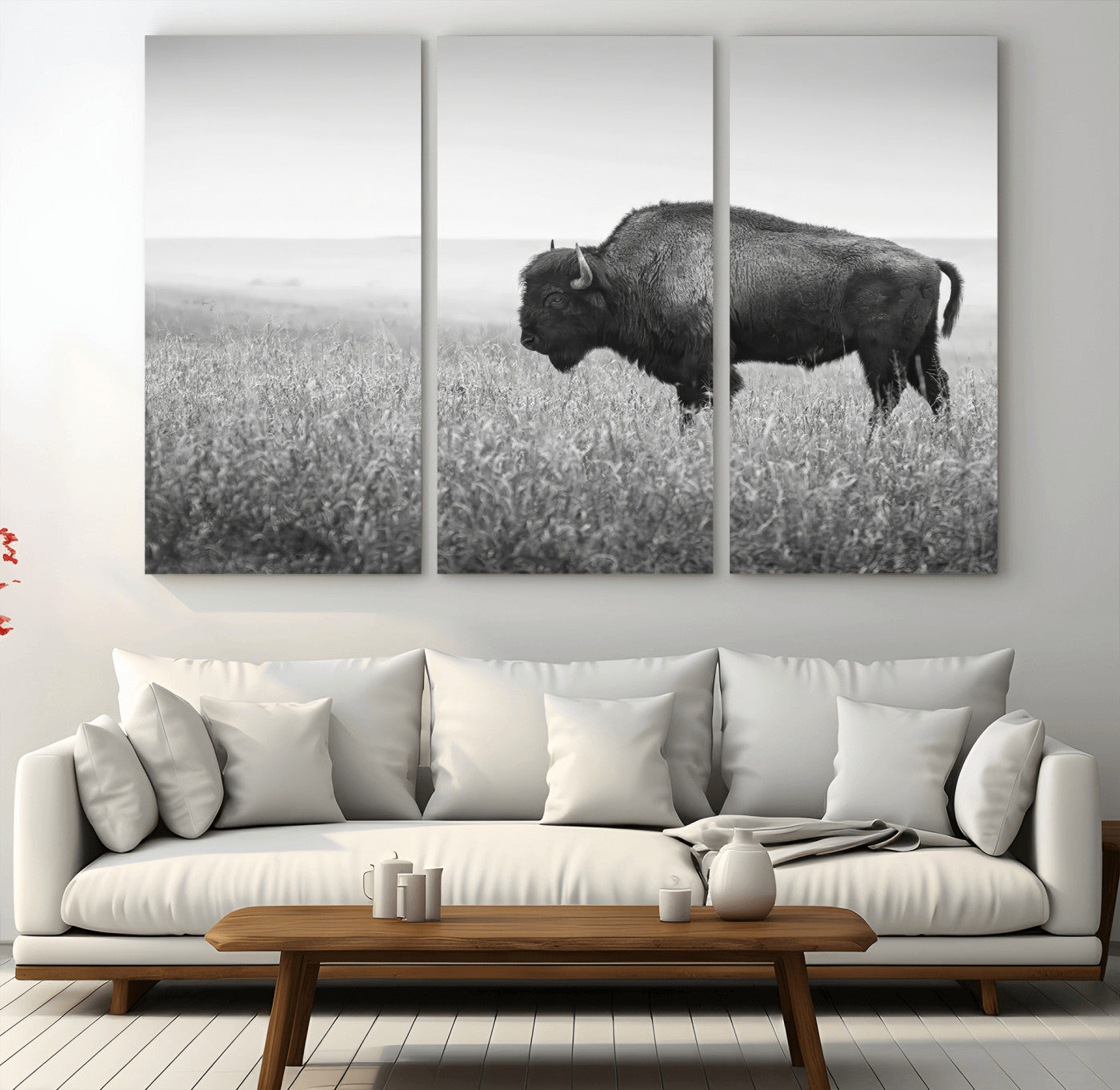 28435251-MGV-CV-36X24-Bison In Prairie Wall Art Canvas Print, Framed Rustic Wildlife Art Picture Print, Wild Buffalo Perfect Rustic Western Decor
