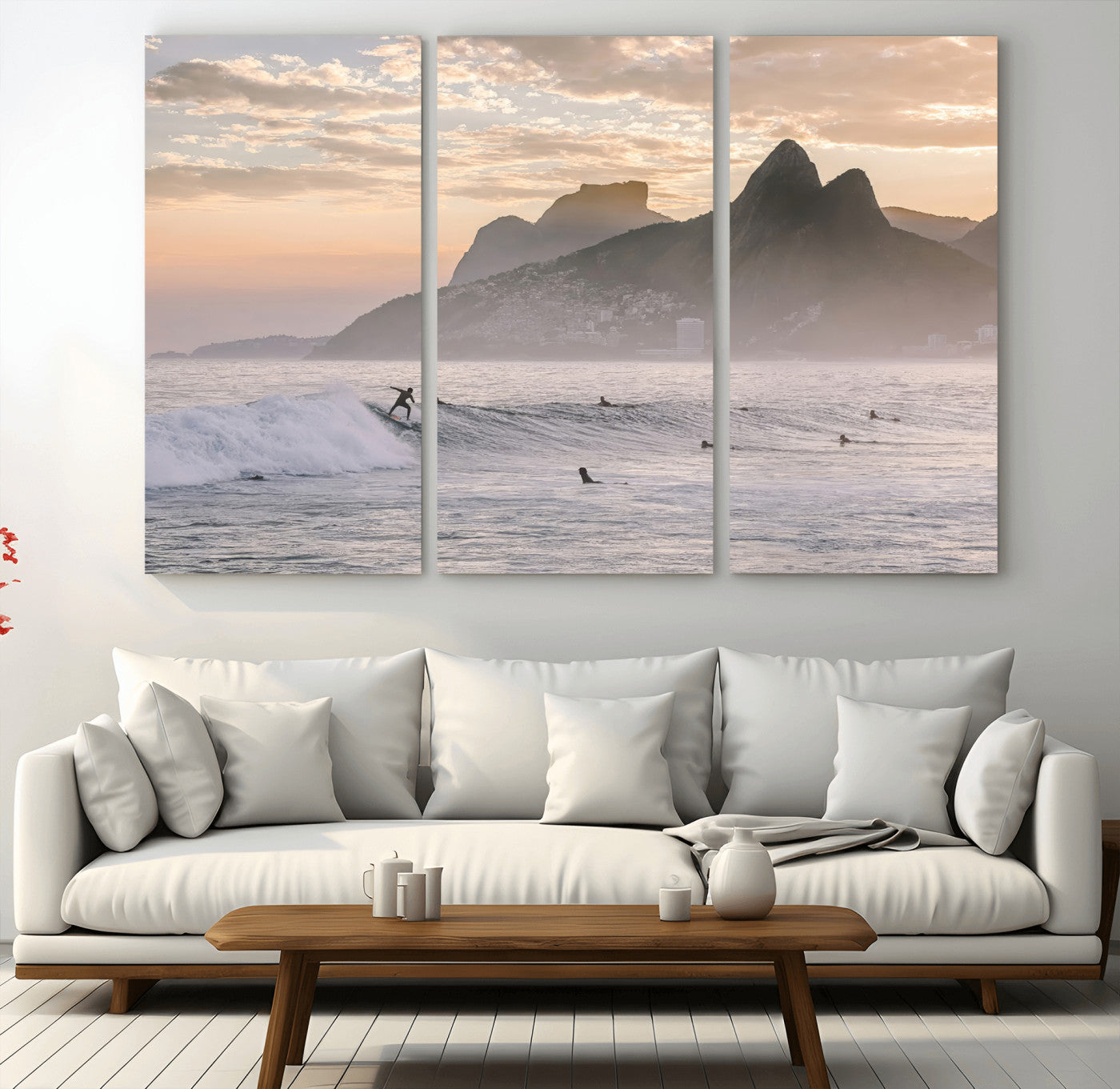70644906-MGV-CV-36X24-Sunset Surfing Wall Art Canvas Print, Framed Misty Mountains Art Picture Print, Surfer Riding Wave Perfect Coastal Adventure Decor
