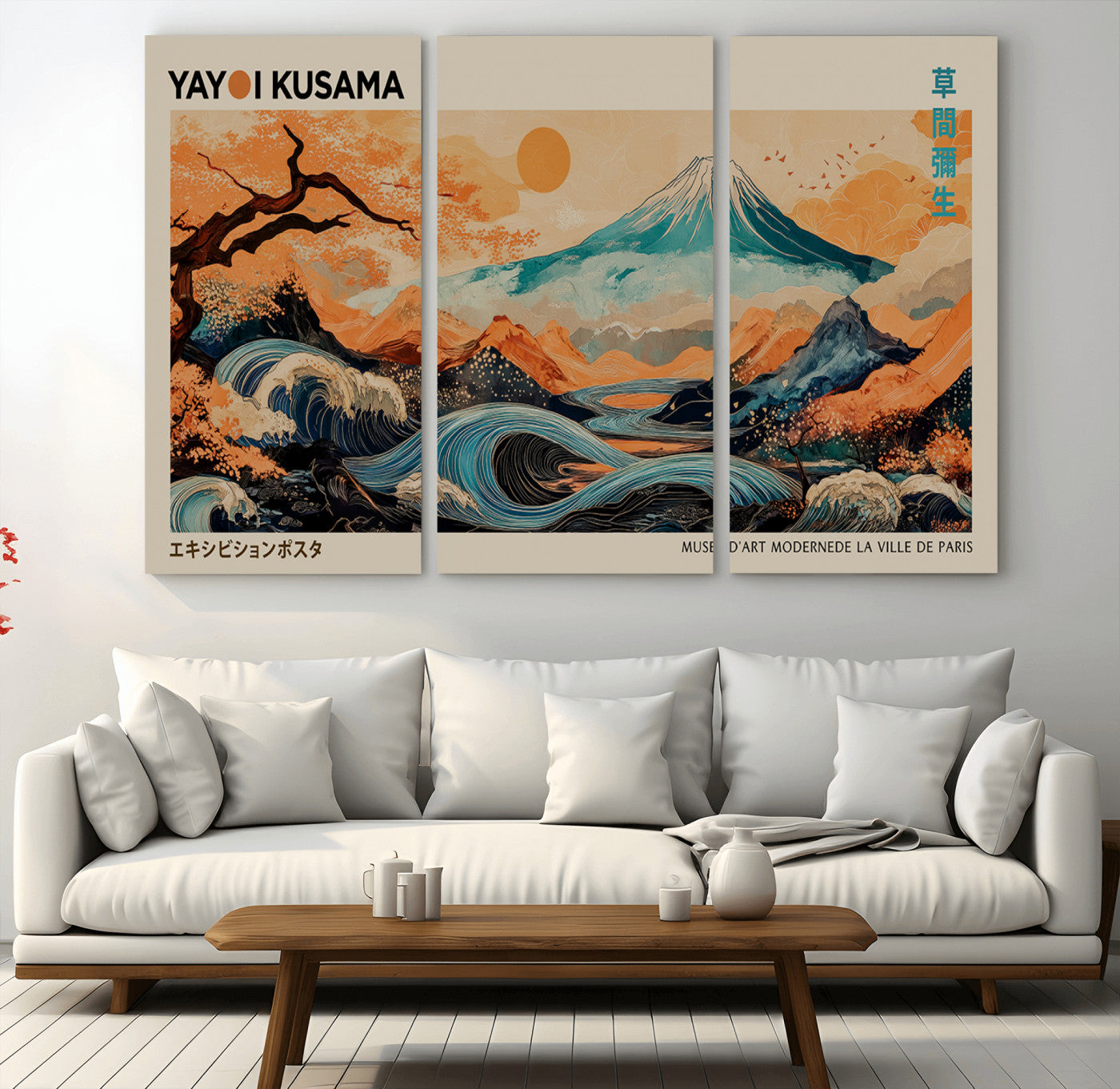 22373530-MGV-CV-36X24-Japanese Mt Fuji Wave Art Print – Ukiyo e Inspired Sun & Cherry Blossom Poster, Traditional Asian Landscape Painting, Modern